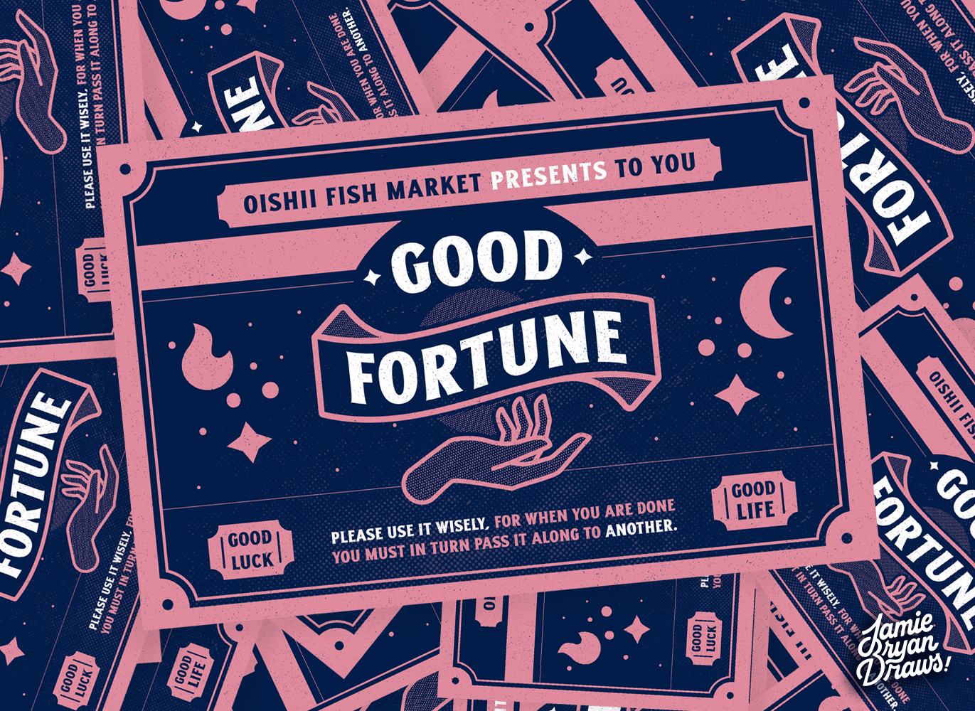 Illustration of a decorative fortune card presented by “Oishii Fish Market,” featuring layered ribbon typography reading “Good Fortune, Good Luck, Good Life.” Surrounded by monoline illustrations of hands, moons, stars, and flames, this purple and magenta design evokes vintage fortune-teller cards and nostalgic charm.