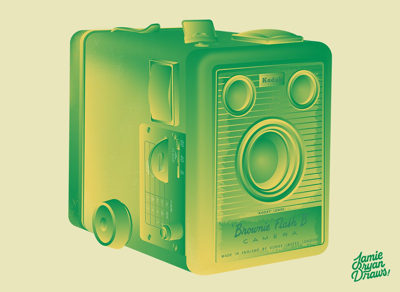 Vector illustration of a Kodak Brownie Box Camera, with intricate mechanical details reimagined in precise linework and gradient fills. A highly detailed, nostalgic object-focused vector artwork.