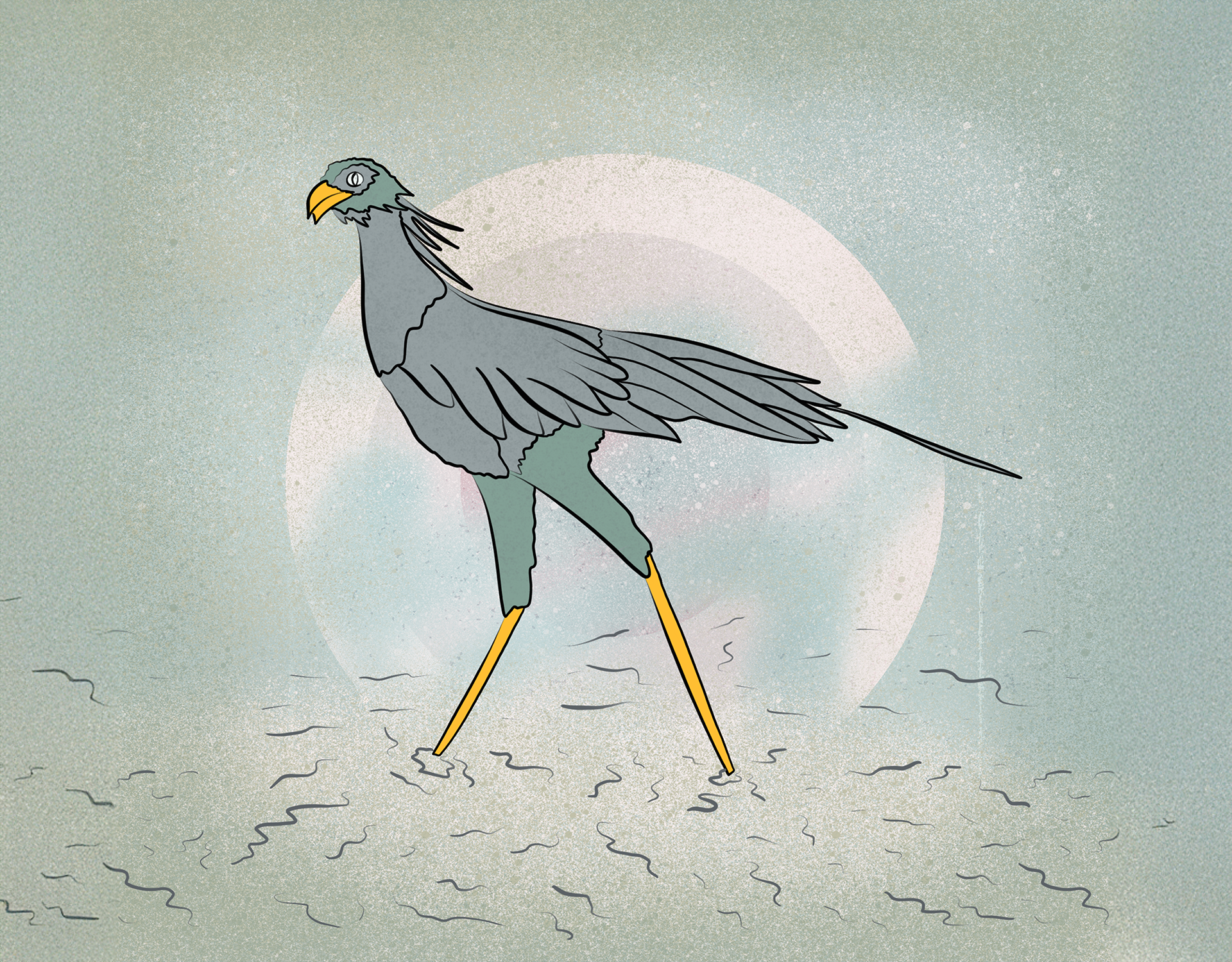 Hand-drawn illustration of a Secretary Bird in motion against a speckled green background. Nature-inspired bird artwork highlighting graceful movement and dynamic posture