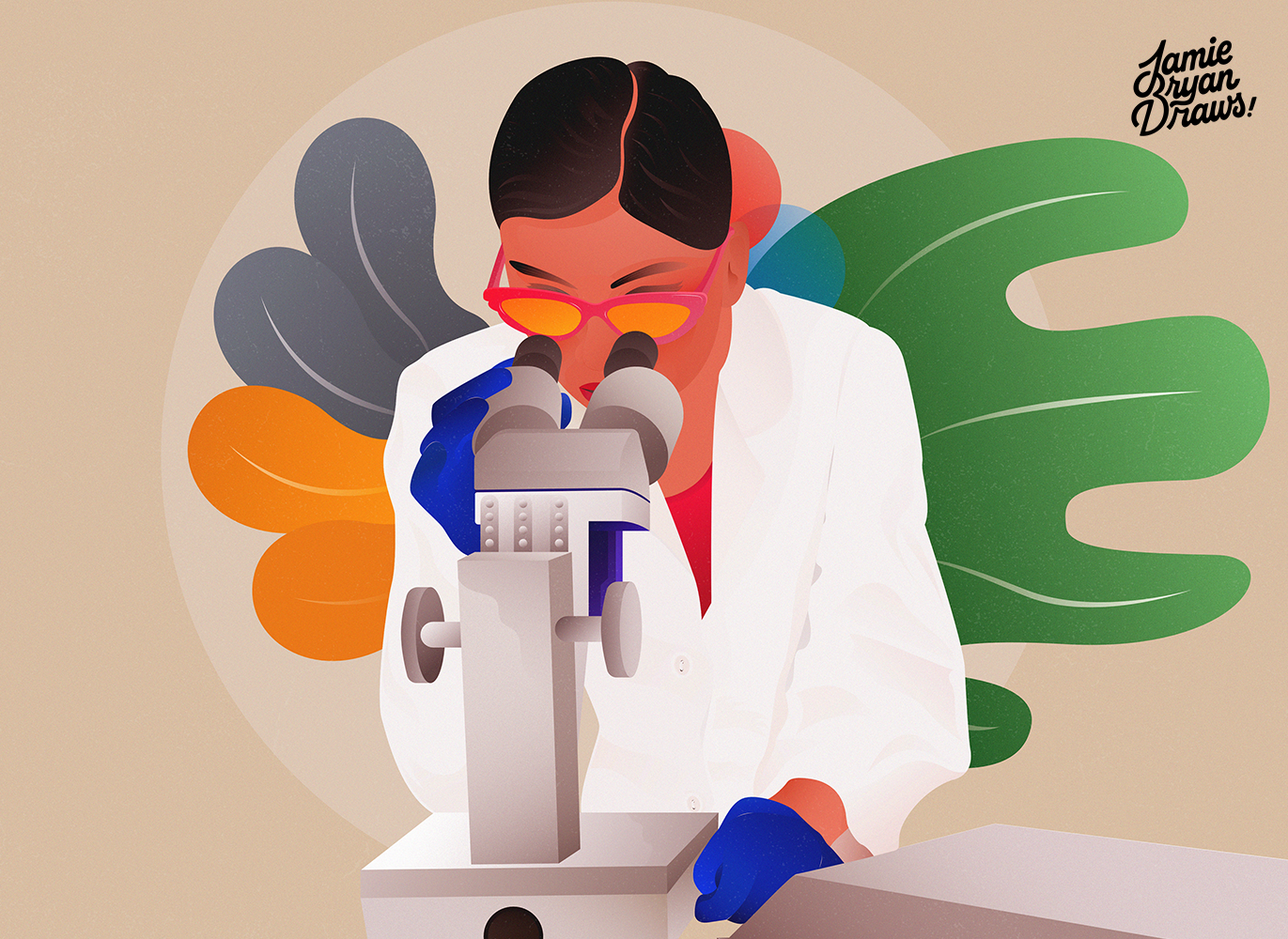 Vector illustration of a female scientist looking through a microscope, with abstract impressions in the background representing her observations. Stylized vector artwork highlighting curiosity, science, and precision.