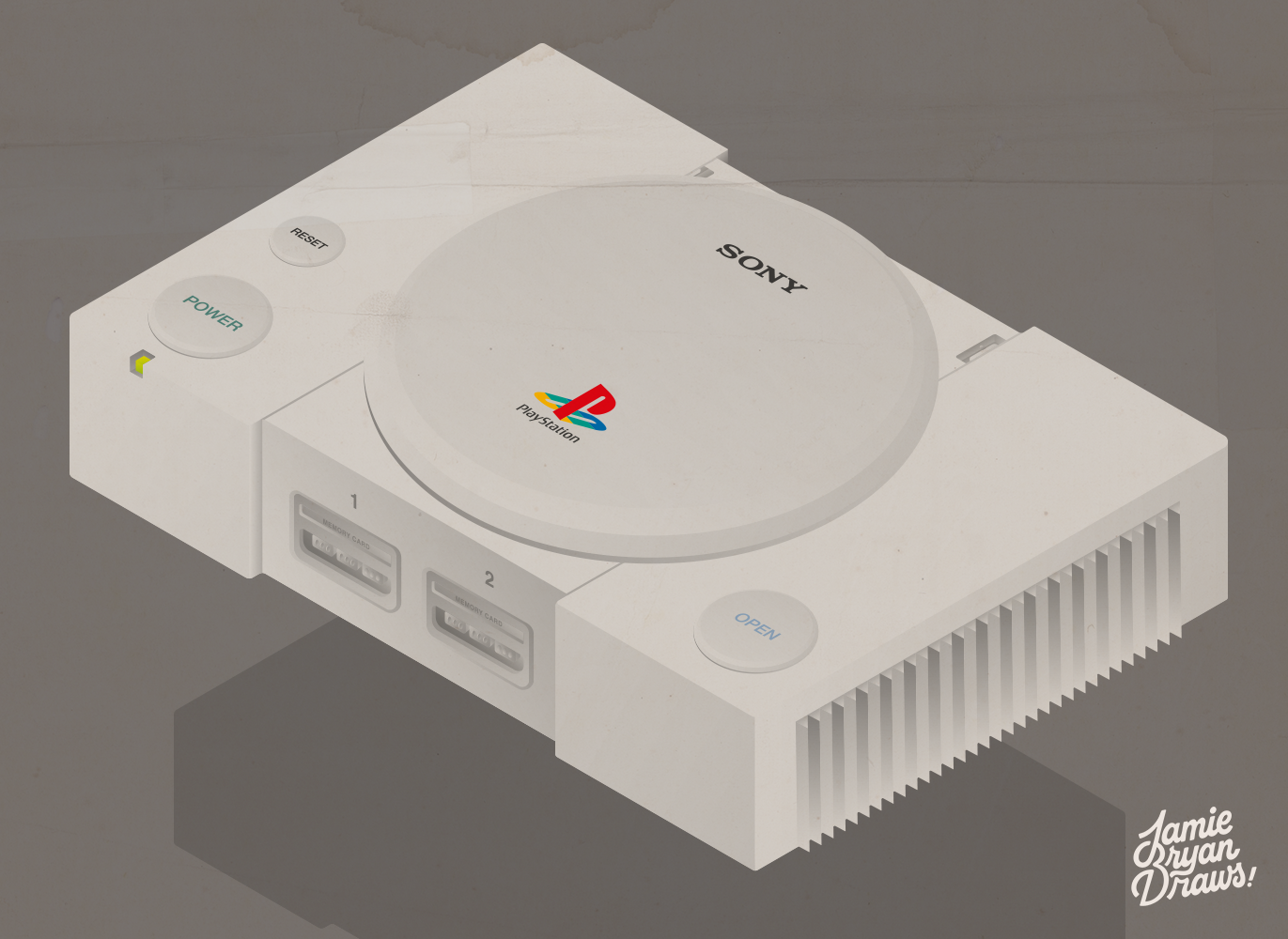 Vector illustration of a PlayStation 1 console floating against a textured cardboard backdrop. Detailed and nostalgic vector artwork emphasizing the iconic design of the PS1.