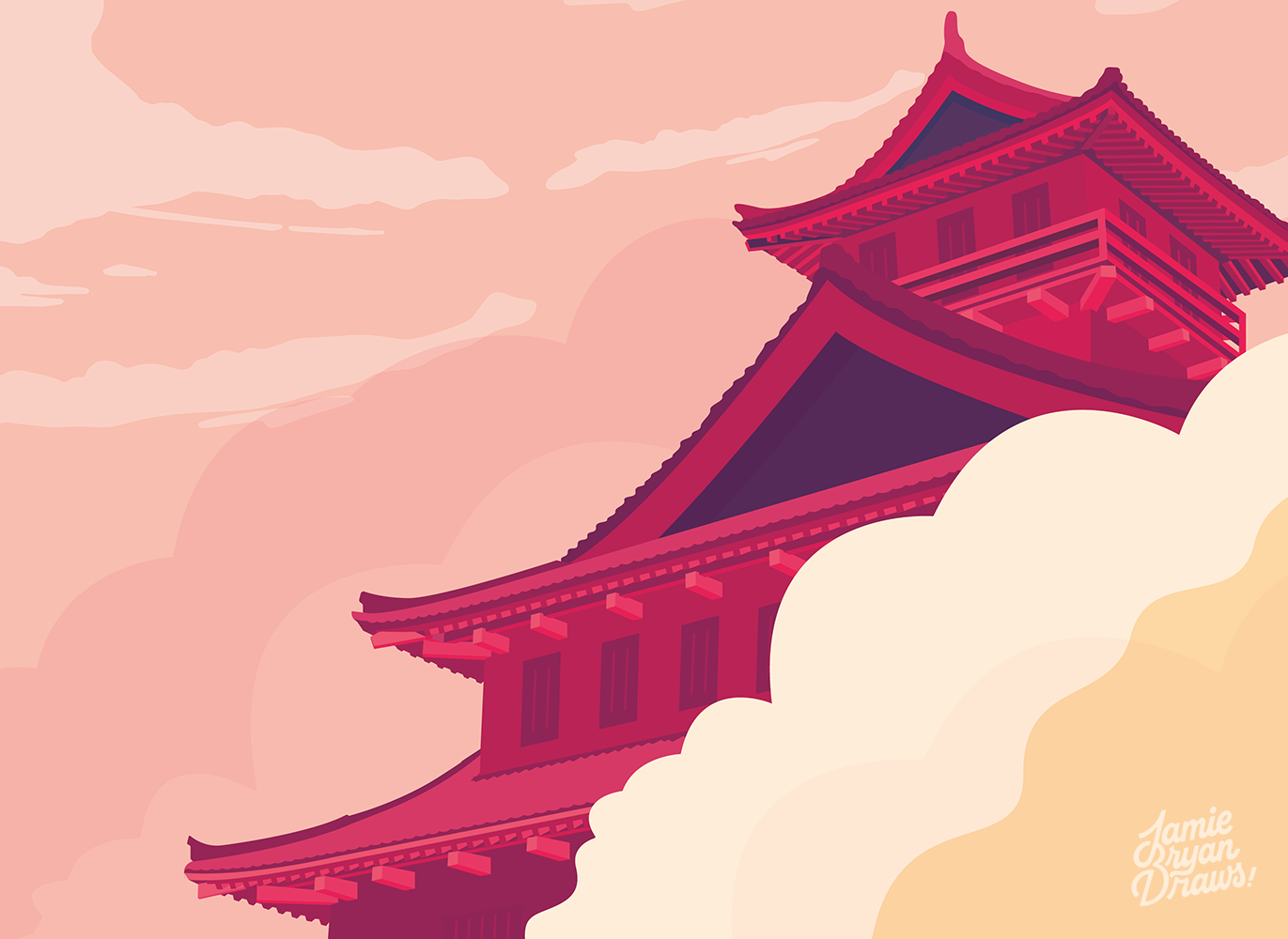Vector illustration of Japanese temples surrounded by clouds, emphasizing the detailed carpentry and architectural craftsmanship. Serene, minimalist, and precise.