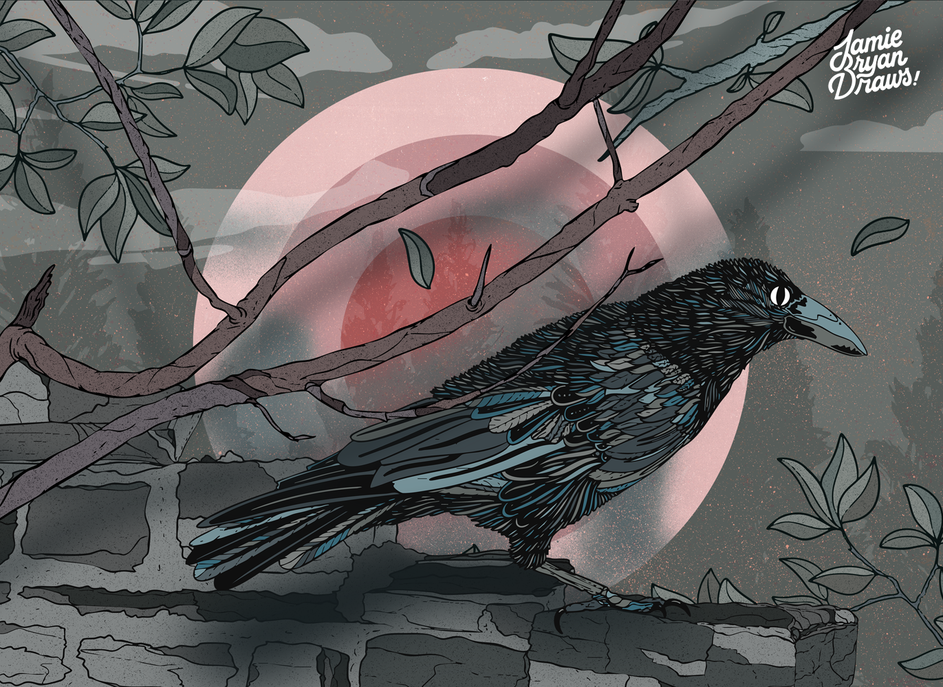 Hand-drawn illustration of a Halifax crow perched on a broken brick wall deep in the forest, set against a dark sunset sky. Atmospheric bird artwork with rich natural detail.