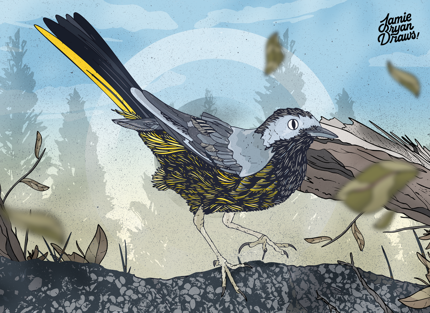 Illustration of a Grey Wagtail perched on a rocky outcrop above a river, poised and alert as it waits for food. The bird’s delicate form contrasts against the textured rocks and open sky, evoking grace and stillness in motion.