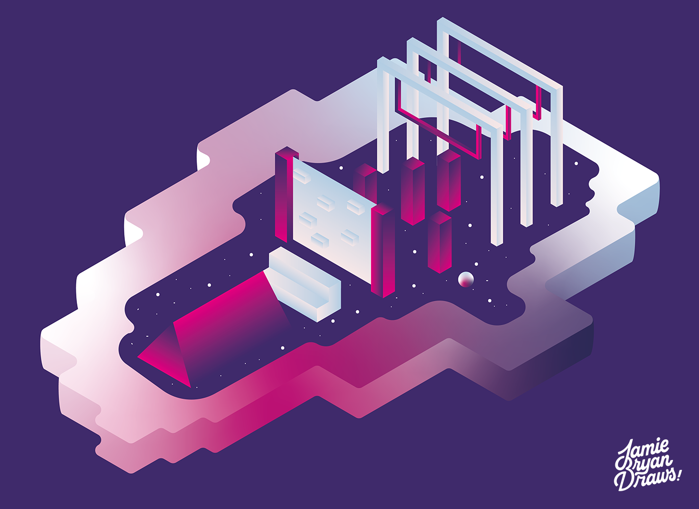 Vector illustrations for the Data Chain series, showcasing technology, security, and growth concepts in a futuristic, friendly style. Designed in magenta and purple with accents of vivid yellow, emphasizing clarity and precision.