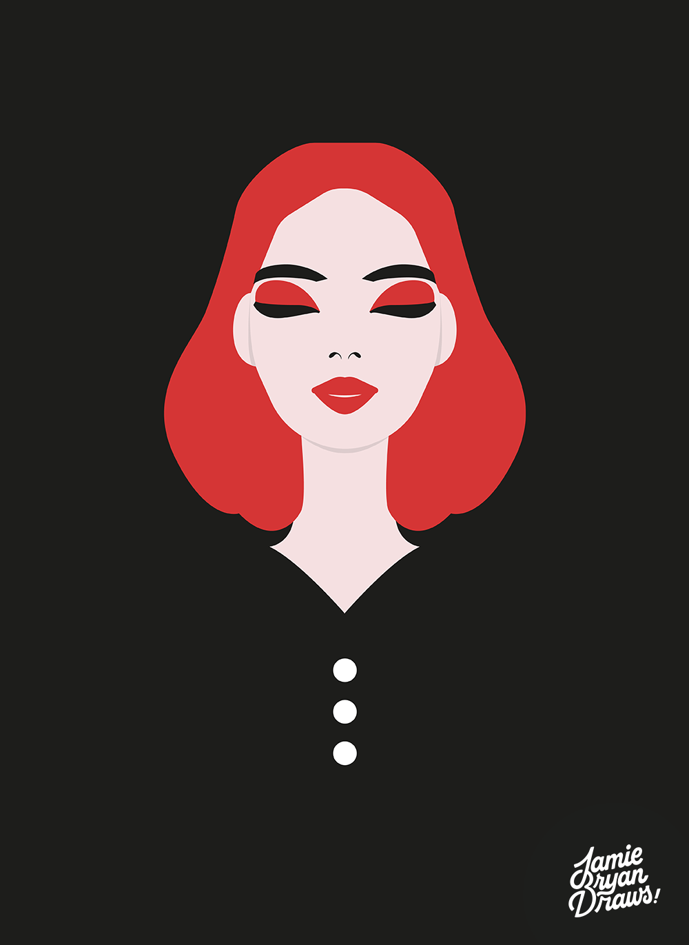 Vector illustration titled “Poised,” featuring a woman with large expressive eyes whose outfit merges into the background, with only white buttons hinting at the clothing. Subtle and artistic, emphasizing form and composition.