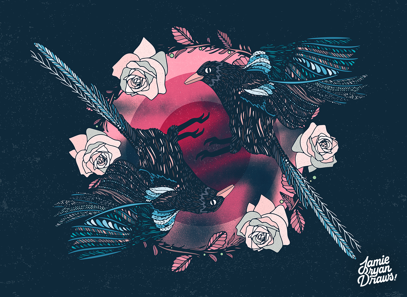 Hand-drawn illustration of two magpies circling in the sky against a textured navy background, surrounded by a wreath of floral fauna. Nature-inspired bird artwork with dynamic movement and decorative detail.