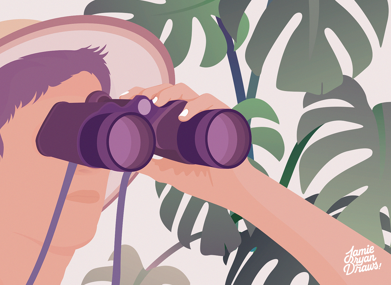 Vector illustration titled “Exploring the Jungle,” showing a man wearing an explorer hat looking through binoculars amidst dense foliage. Stylized and witty, suggesting either a jungle or oversized houseplants.