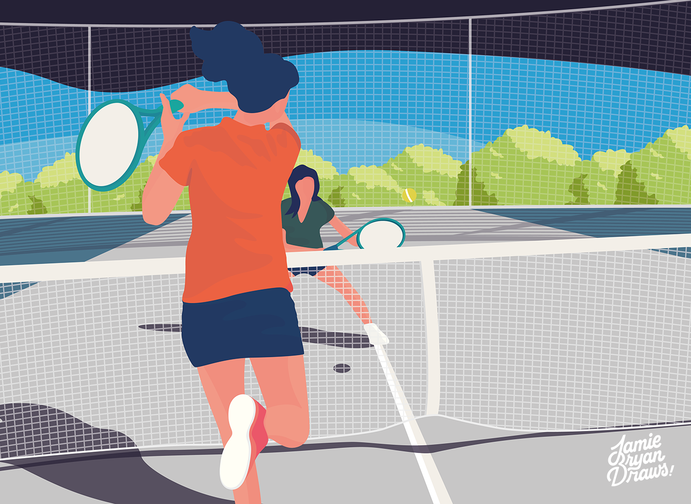 Vector illustration titled “Game, Set, Match,” showing a tennis match on an outdoor court. The tennis net sways in the wind and shadows bounce across the ground, conveying motion. Stylized editorial vector artwork.