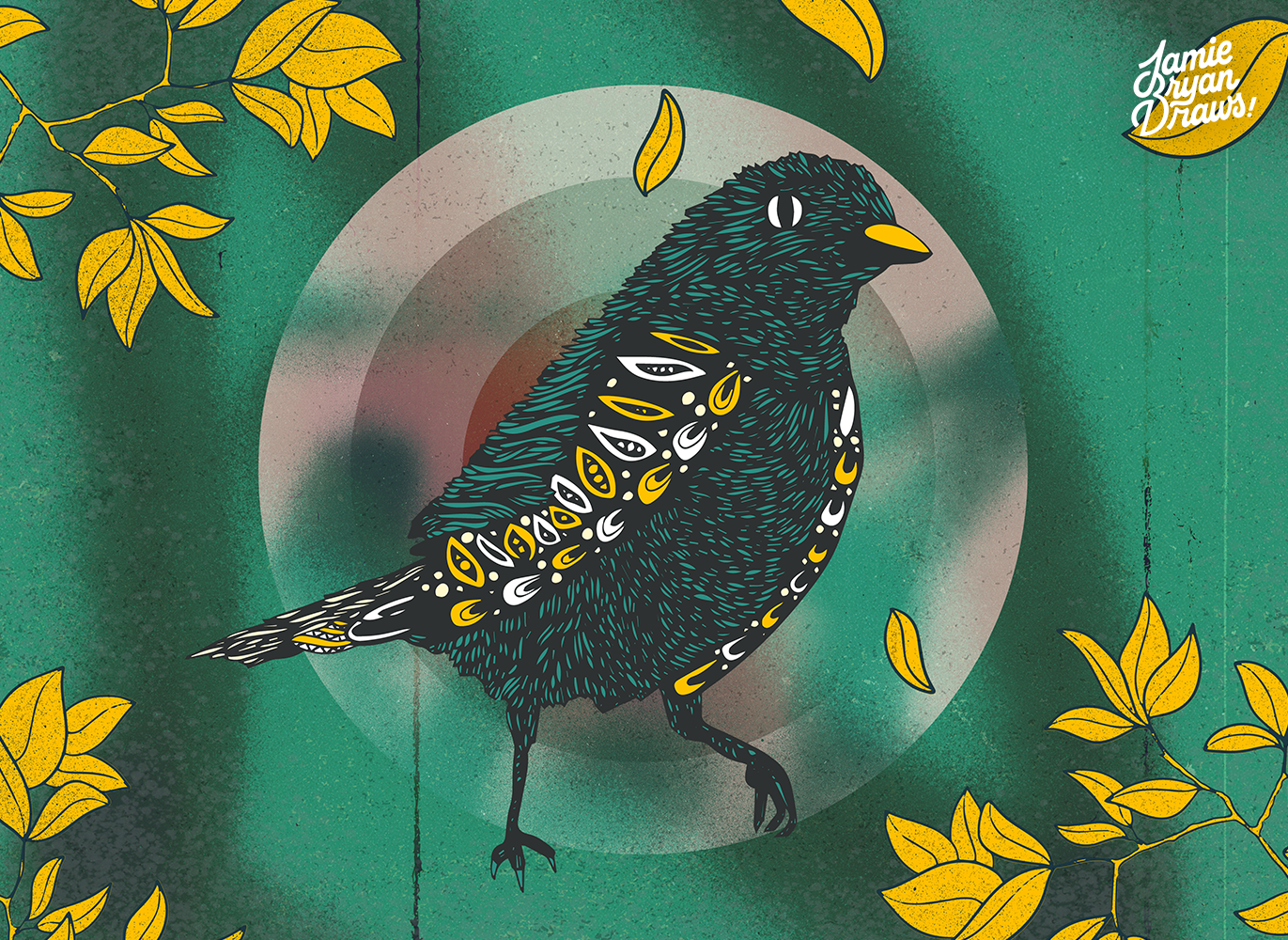 Hand-drawn illustration of a green chaffinch perched against a textured green background, surrounded by autumn leaves. Nature-inspired bird artwork highlighting seasonal color and delicate detail.