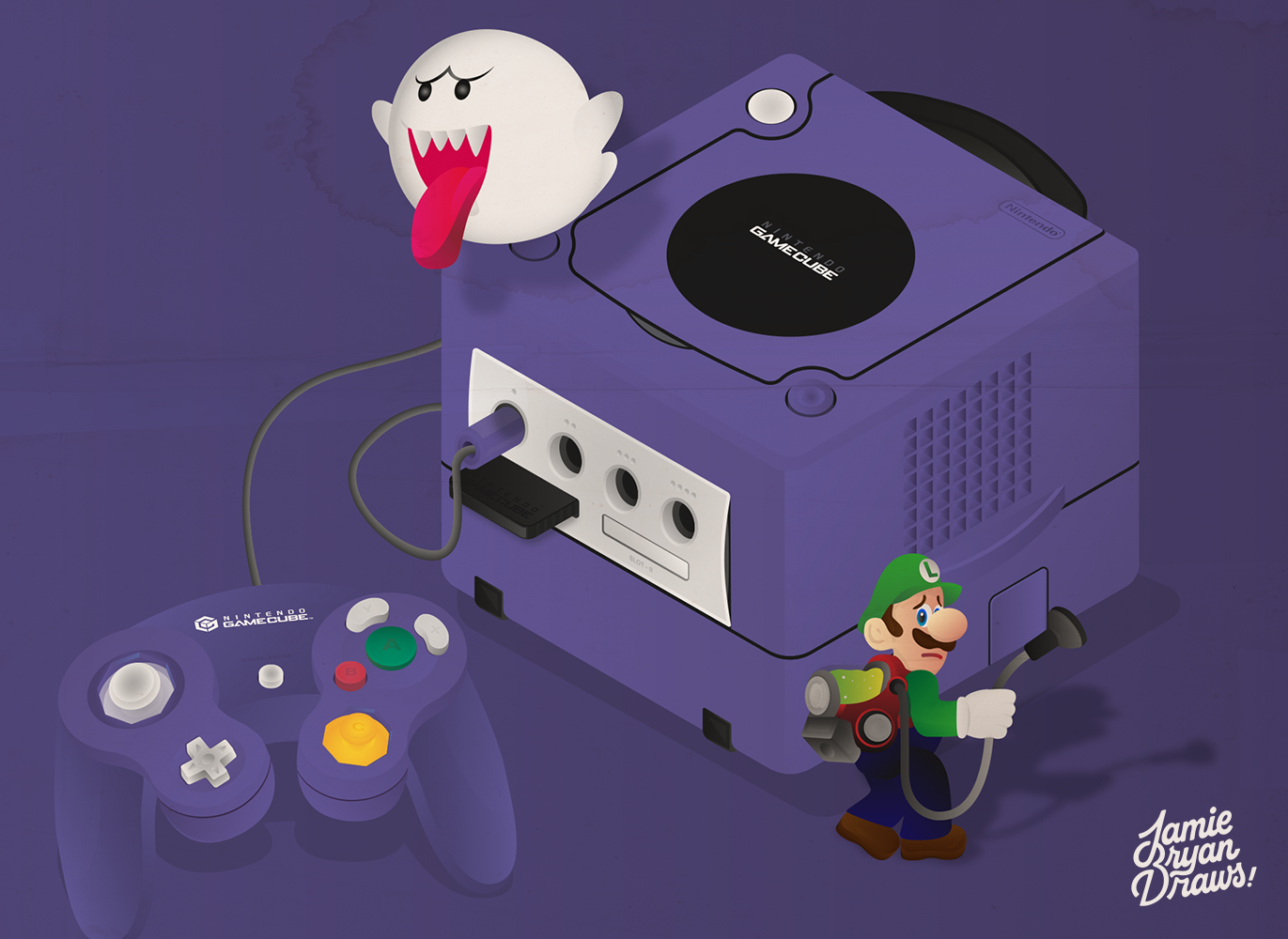 Vector illustration of a Nintendo GameCube console revealing Luigi’s Mansion inside. Luigi peeks around cautiously while Boo hides in the background, rendered in detailed vector style with nostalgic gaming references.