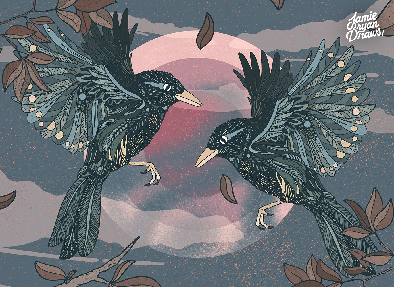 Hand-drawn illustration of two Bluetits flying at night in front of a moonlit sky, surrounded by swirling leaves caught in the wind. Nature-inspired bird artwork emphasizing movement and nocturnal atmosphere.