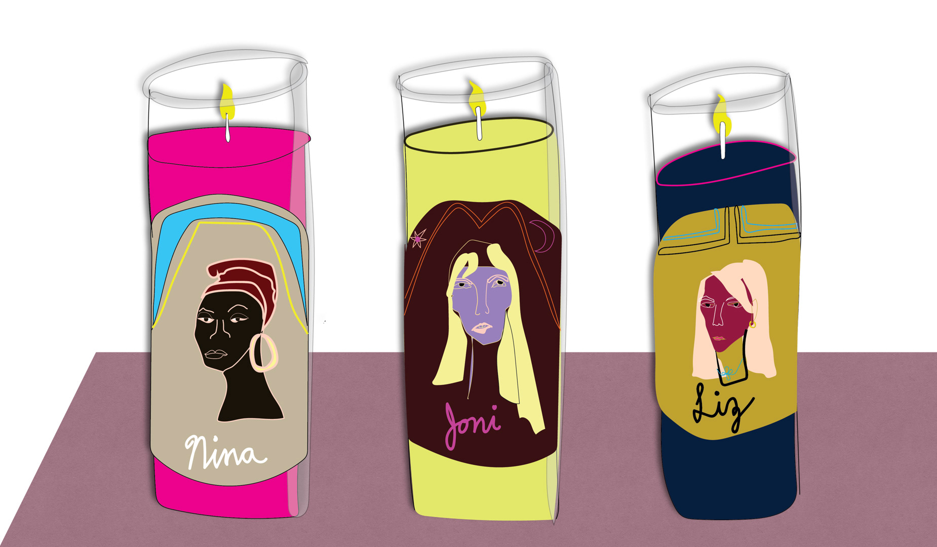 Three saint candles with the portraits of Nina Simone, Joni Mitchel and Liz Phair are depicted in this still image from the animated music video by artist Ben Stark for the song "Lousie" by Rebecca Marcyes, off her debut EP "In Your Honor"