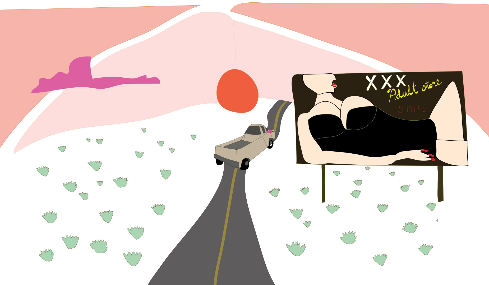A truck drives down an abandoned desert highway in this still image from an animated music video by Ben Stark for the song "Louise" by Rebecca Marcyes.