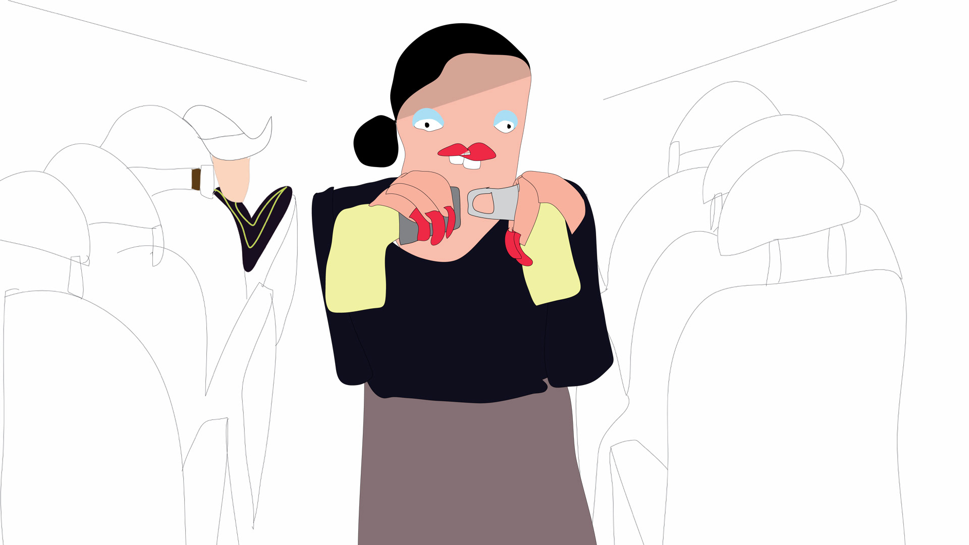 A stewardess demonstrates safety features on a plane in this still image from an animated music video by Ben Stark.