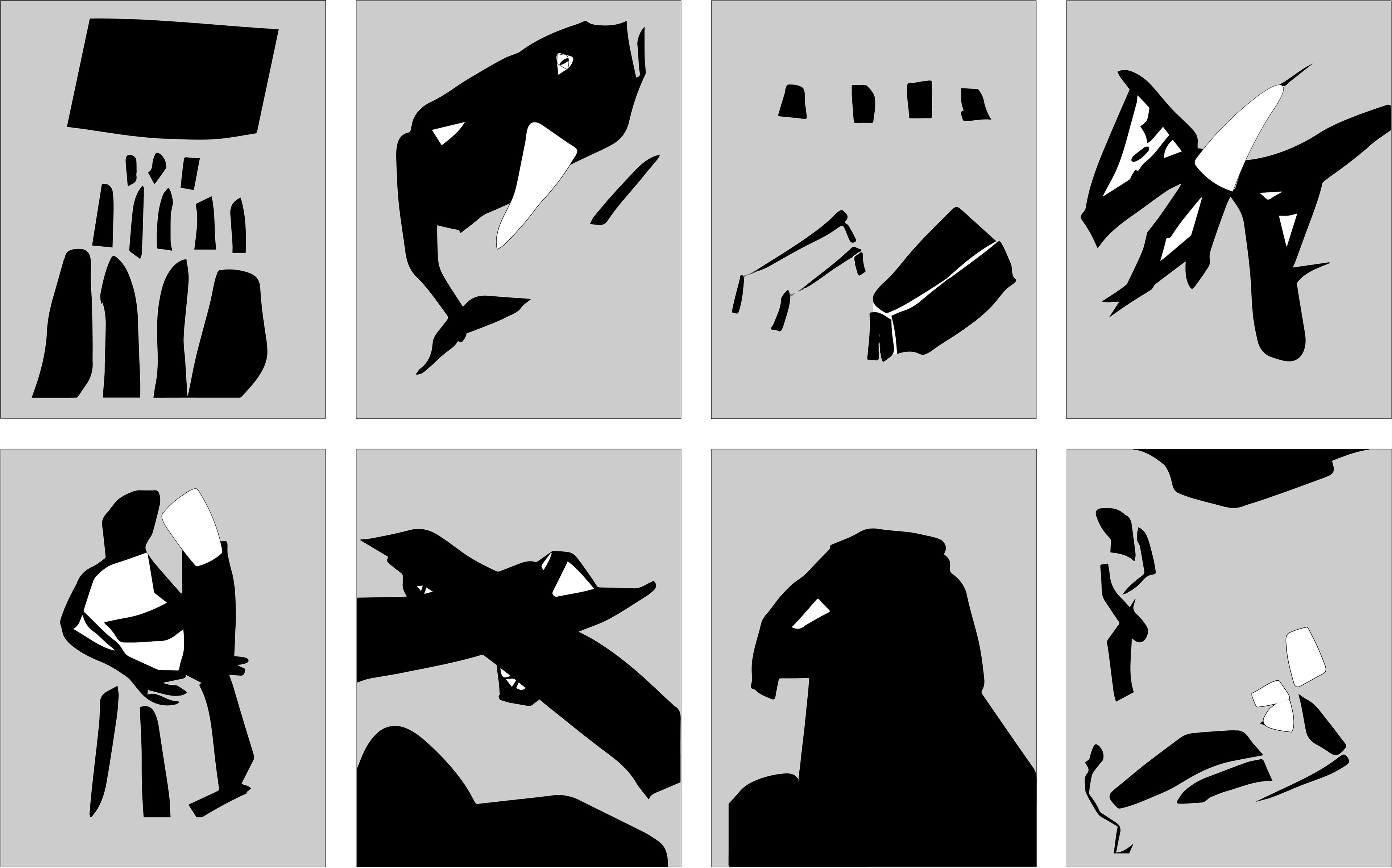A grid of abstracted objects and animals including a whale, butterfly, hawk, airplane and coffin, all extracted stills from an animated video by artist and illustrator Ben Stark.