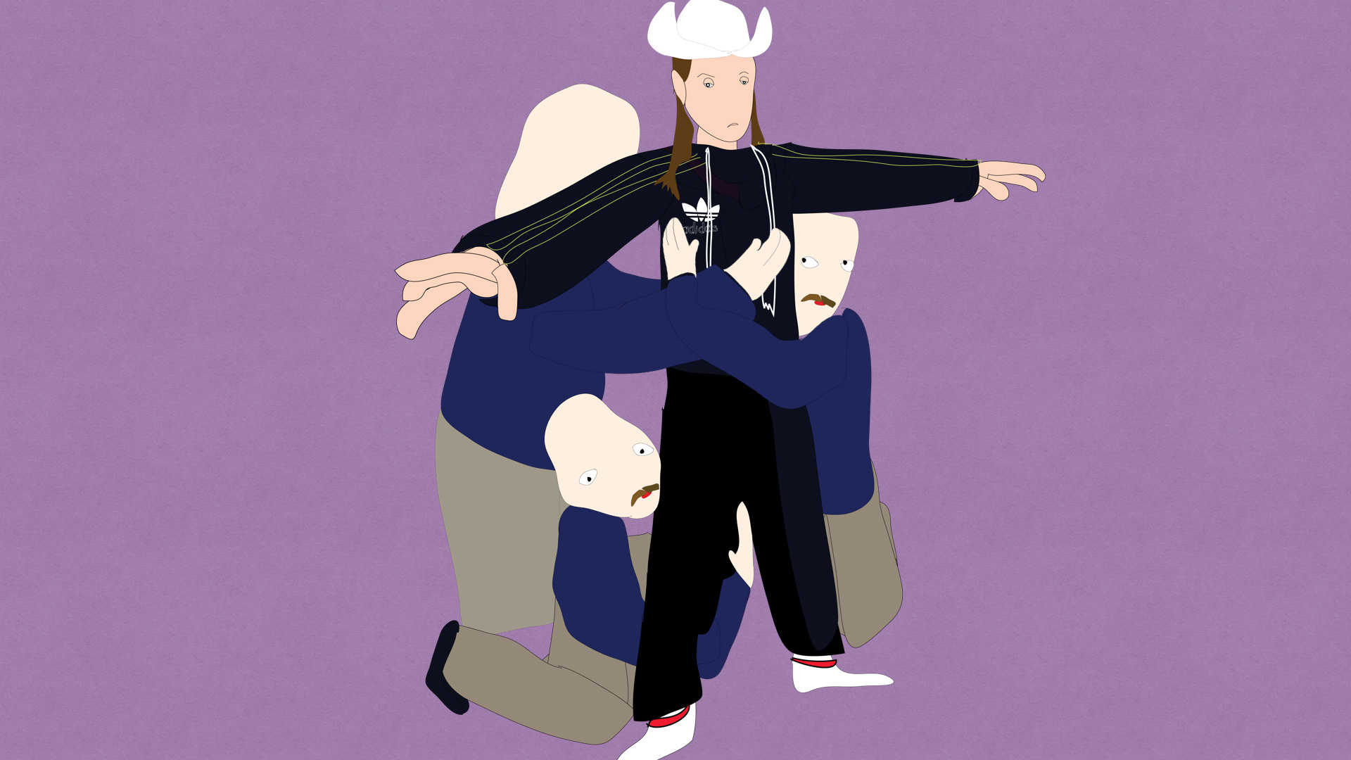 Several TSA employees do a full-body search in this still image from an animated film by artist and illustrator Ben Stark. 