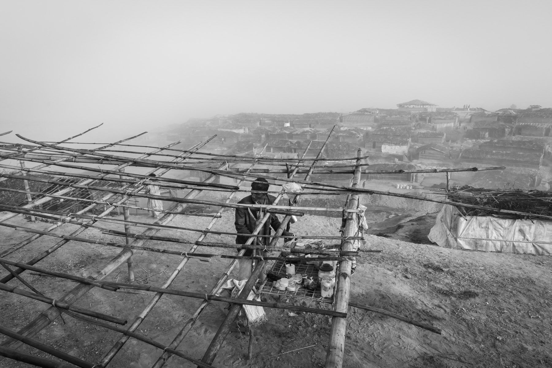 New makeshift construction for the new wave of Rohingya refugees arriving In Bangladesh. Nearly 100,000 persecuted refugees have arrived from Maungdaw township in Myanmar since October 2016. New extension of Kutupalong refugee camp, Cox's Bazar, Bangladesh, February 2017