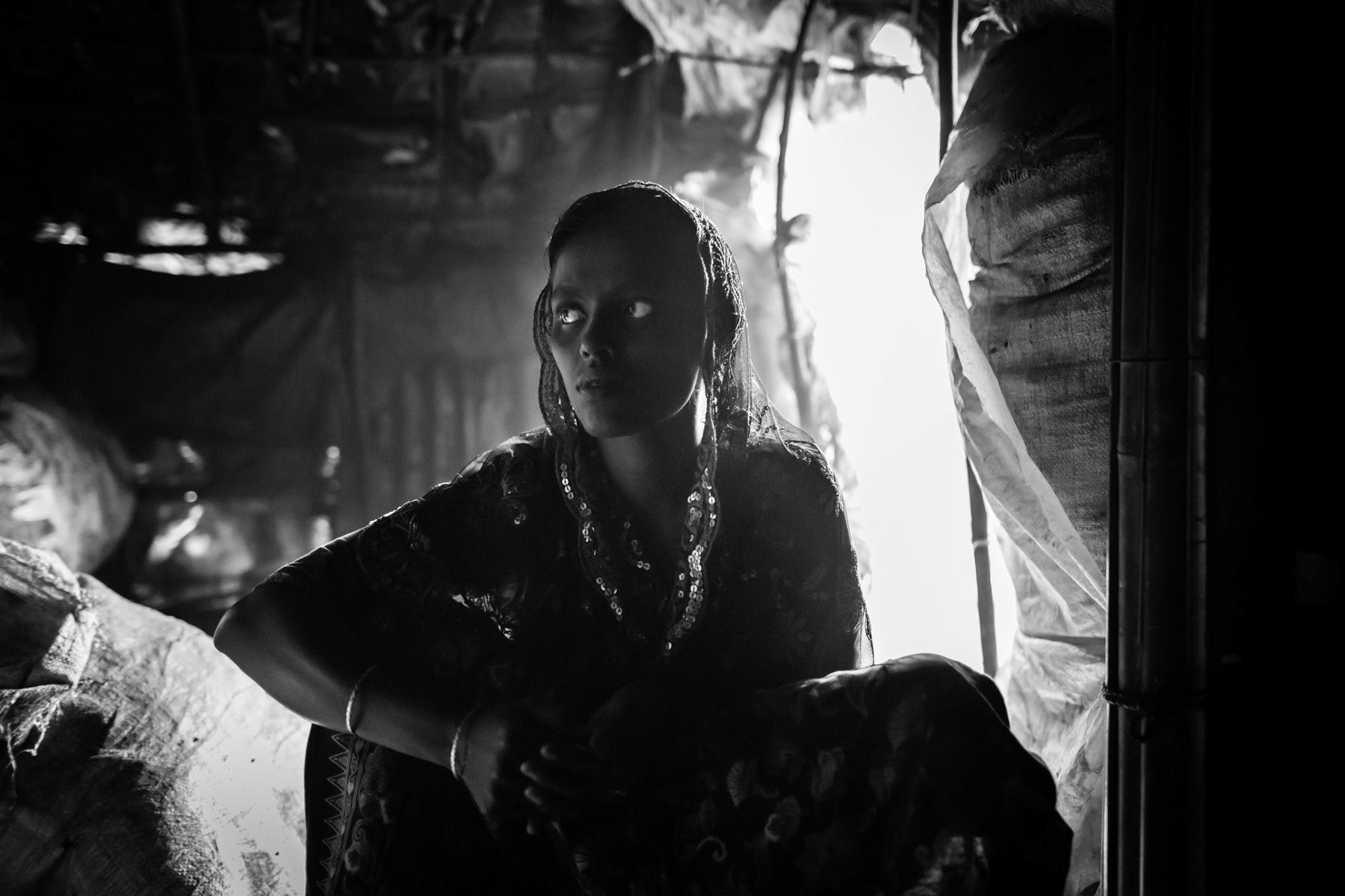Interior of a makeshift shelter for Rohingya refugees in Nazirar Tek. Cox's Bazar, Bangladesh, May 2016