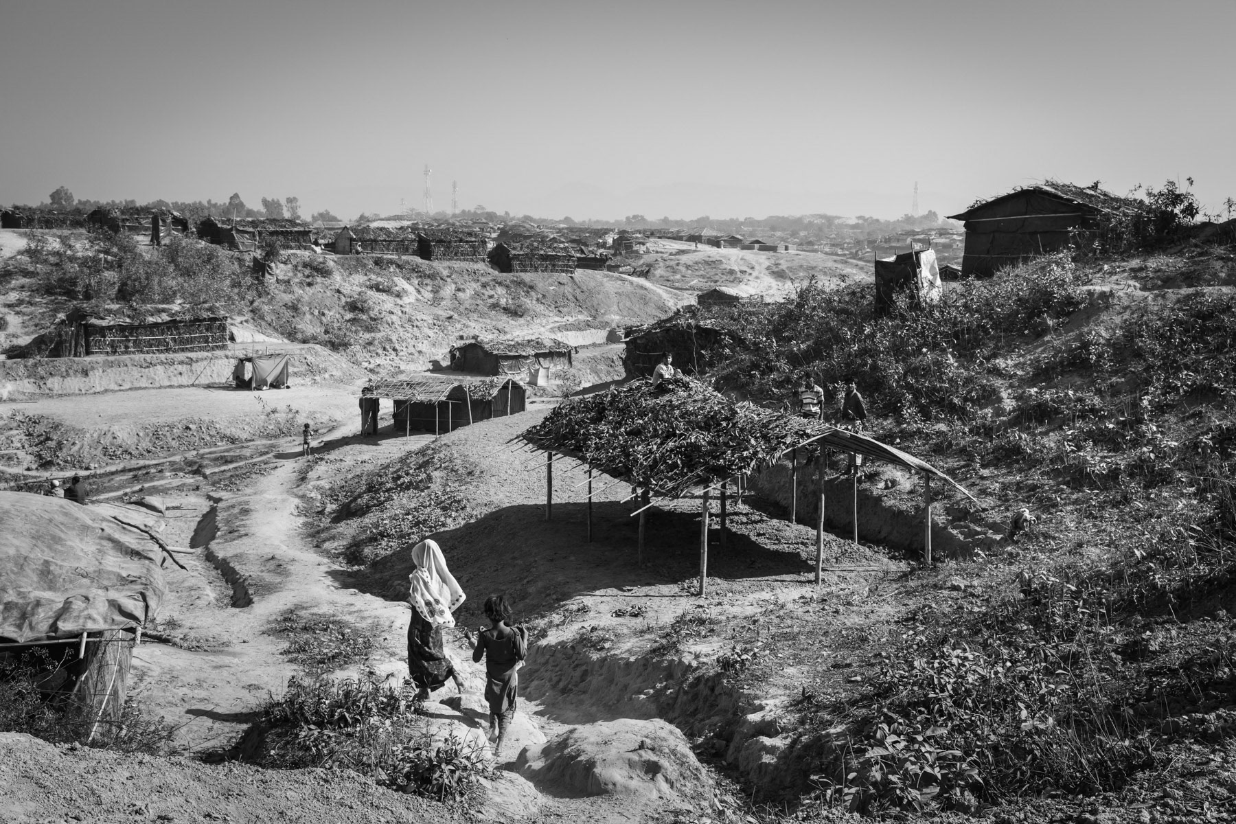 New makeshift construction for the new wave of Rohingya refugees arriving In Bangladesh. Nearly 100,000 persecuted refugees have arrived from Maungdaw township in Myanmar since October 2016. New extension of Kutupalong refugee camp, Cox's Bazar, Bangladesh, February 2017