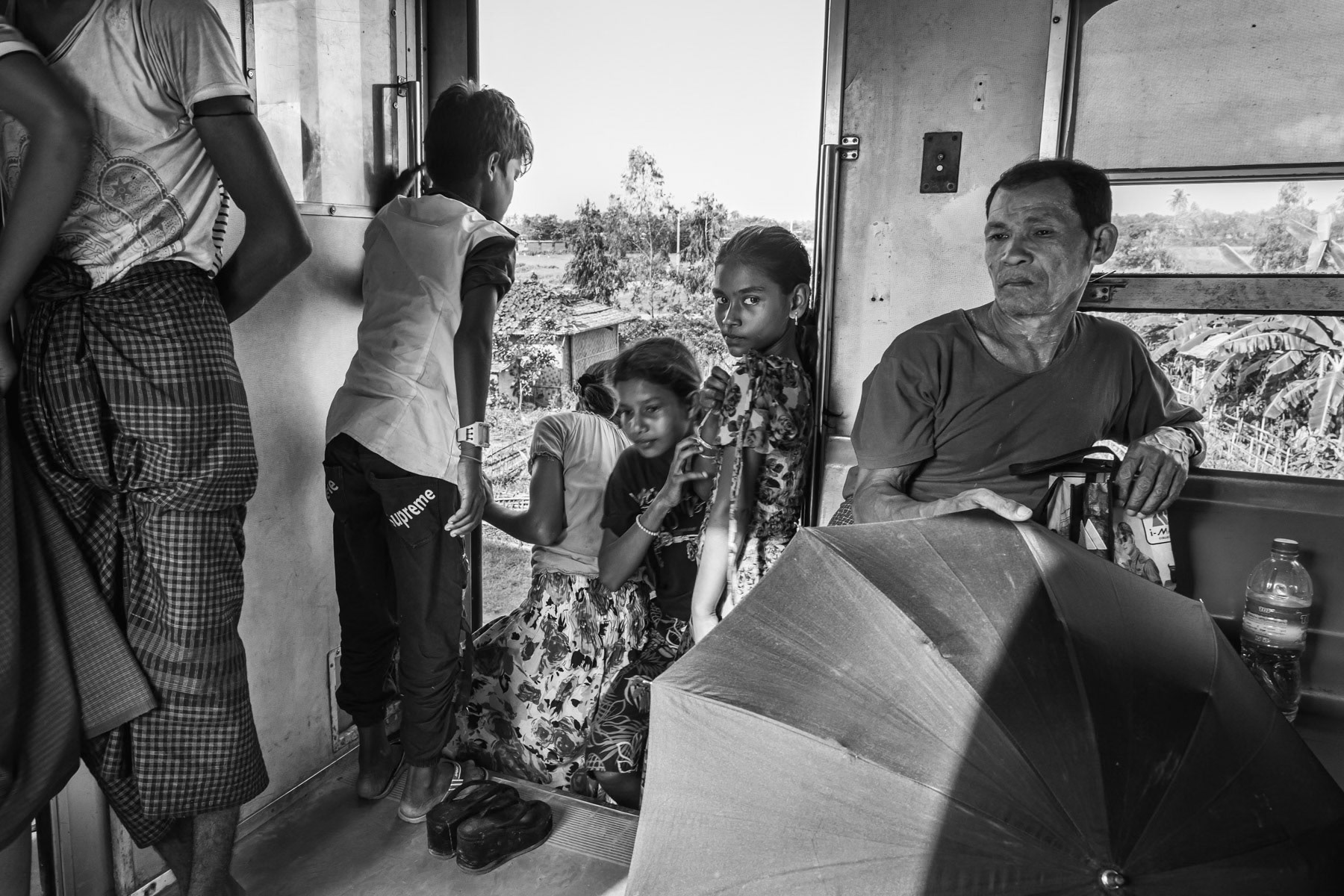 Rohingya villagers travelling by train to the IDP camps where 130,000 Rohingya have forcibly be settled since 2012. Sittwe township, Rakhine, Myanmar, September 2019