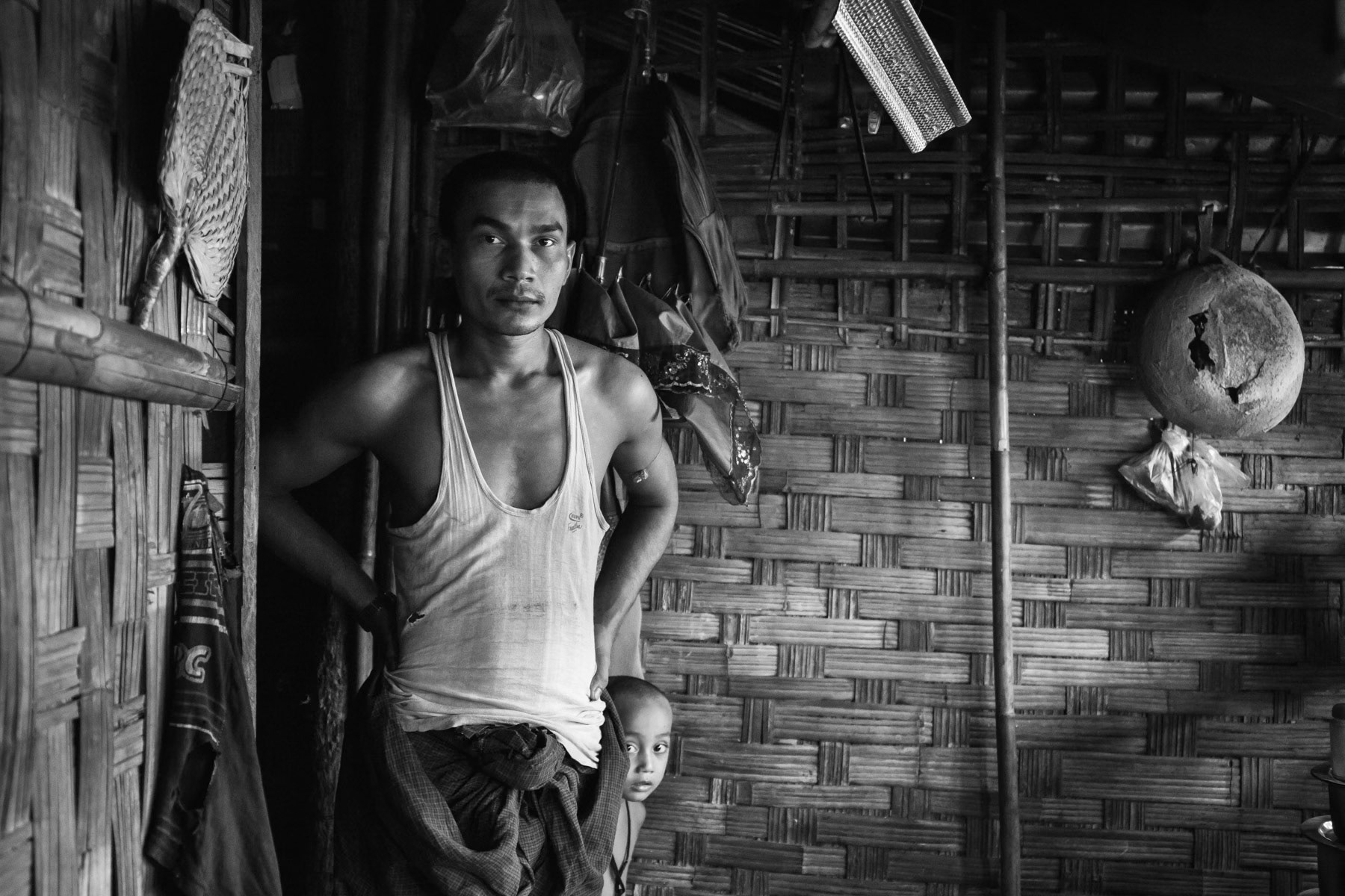 Shelters have a normal lifespan of 2-3 y, after nearly 4y of use, many have leaking roofs and collapsing floors reducing even further the living space. Dar Paing IDP camp for stateless Rohingya, Sittwe, Myanmar, May 2016