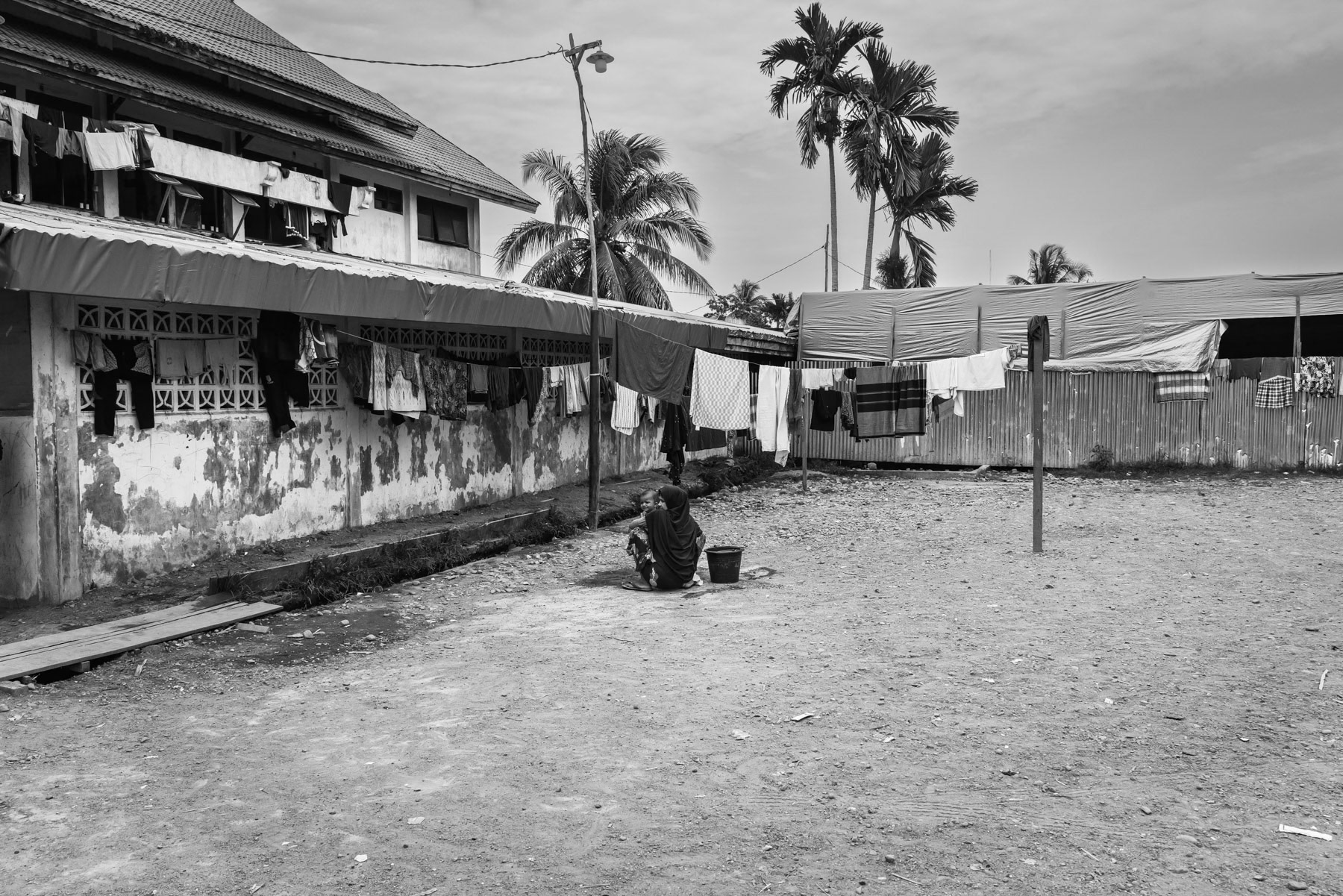 A refugee camp for stranded Rohingya boat people in Lhokseumawe, Aceh, Indonesia, February 2024