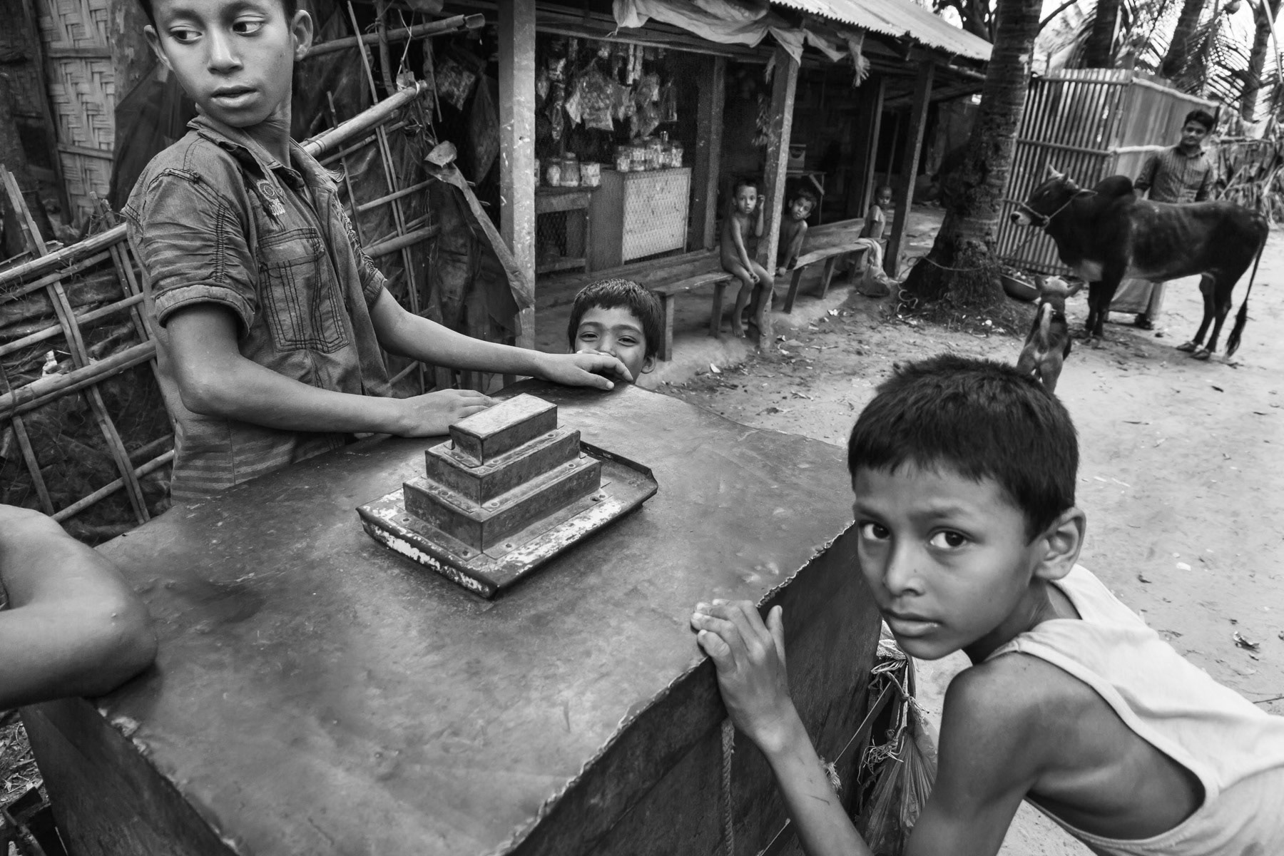 Rohingya children and the ice cream cart. Char Para, Maheskhali, Bangladesh, May 2016