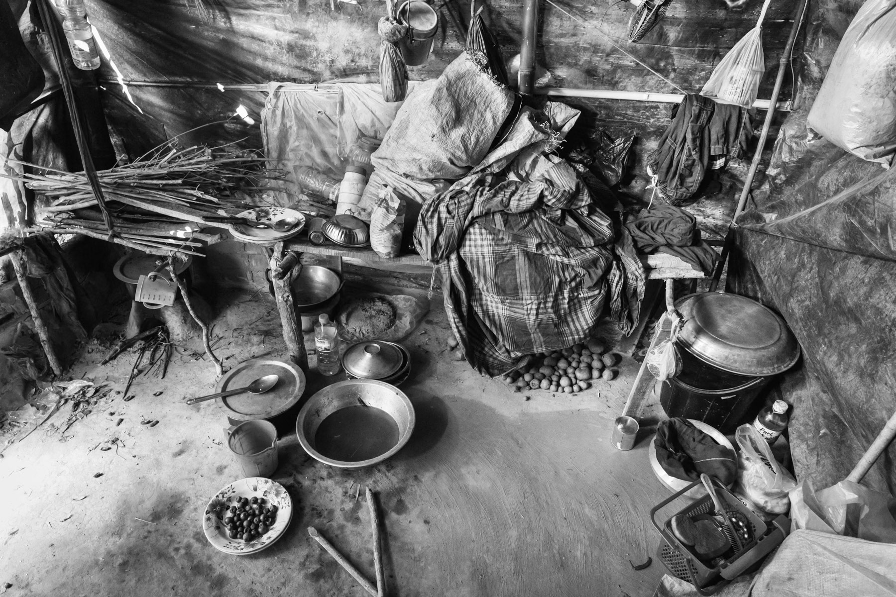 Interior of the makeshift shelters set up for the newly arrived Rohingya refugees. Balulkali camp, Bangladesh, Febraury 2017