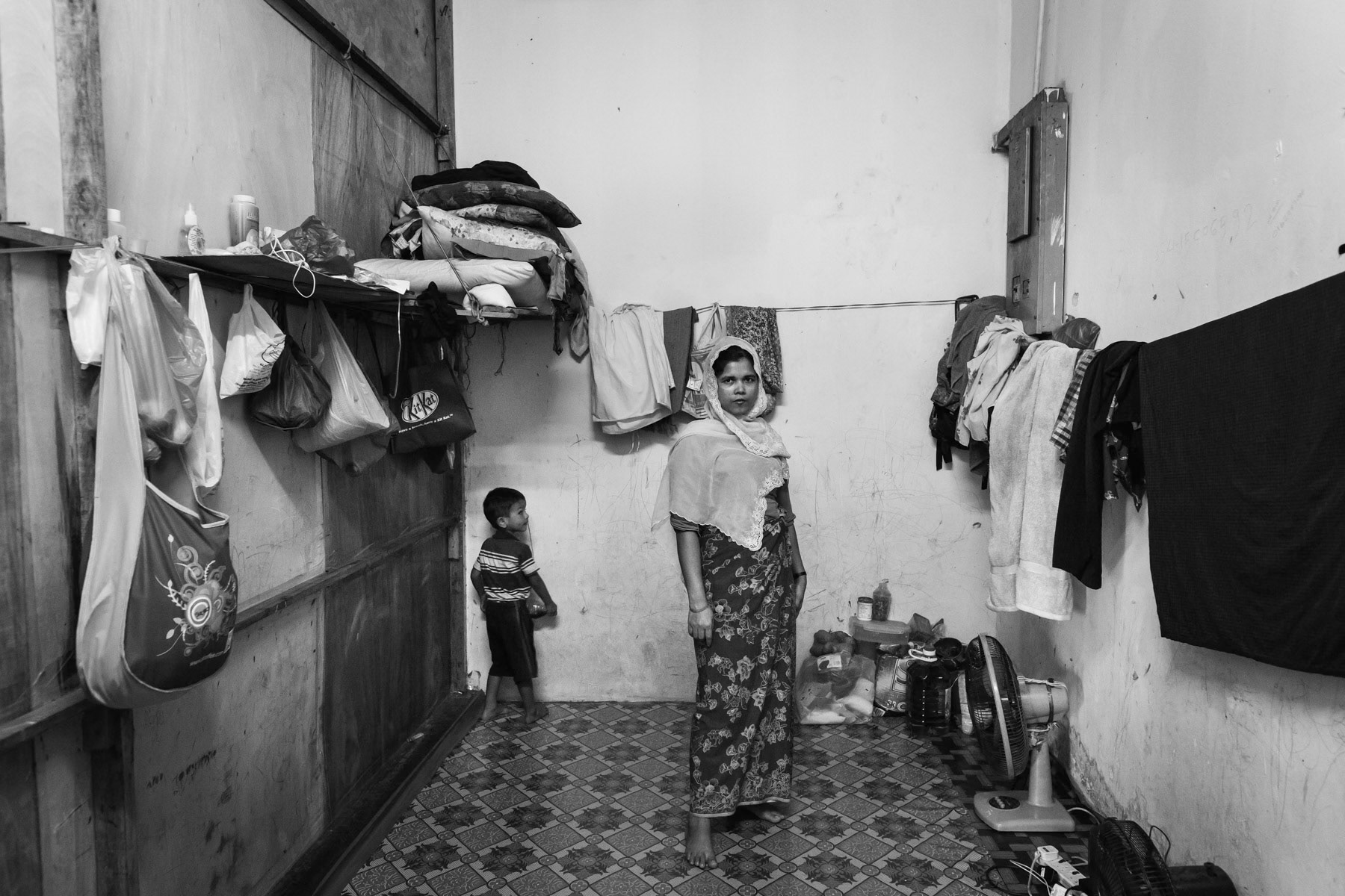 Family room in a building hosting Rohingya refugees working in the nearby wholesale market. Klang, Malaysia, June 2016
