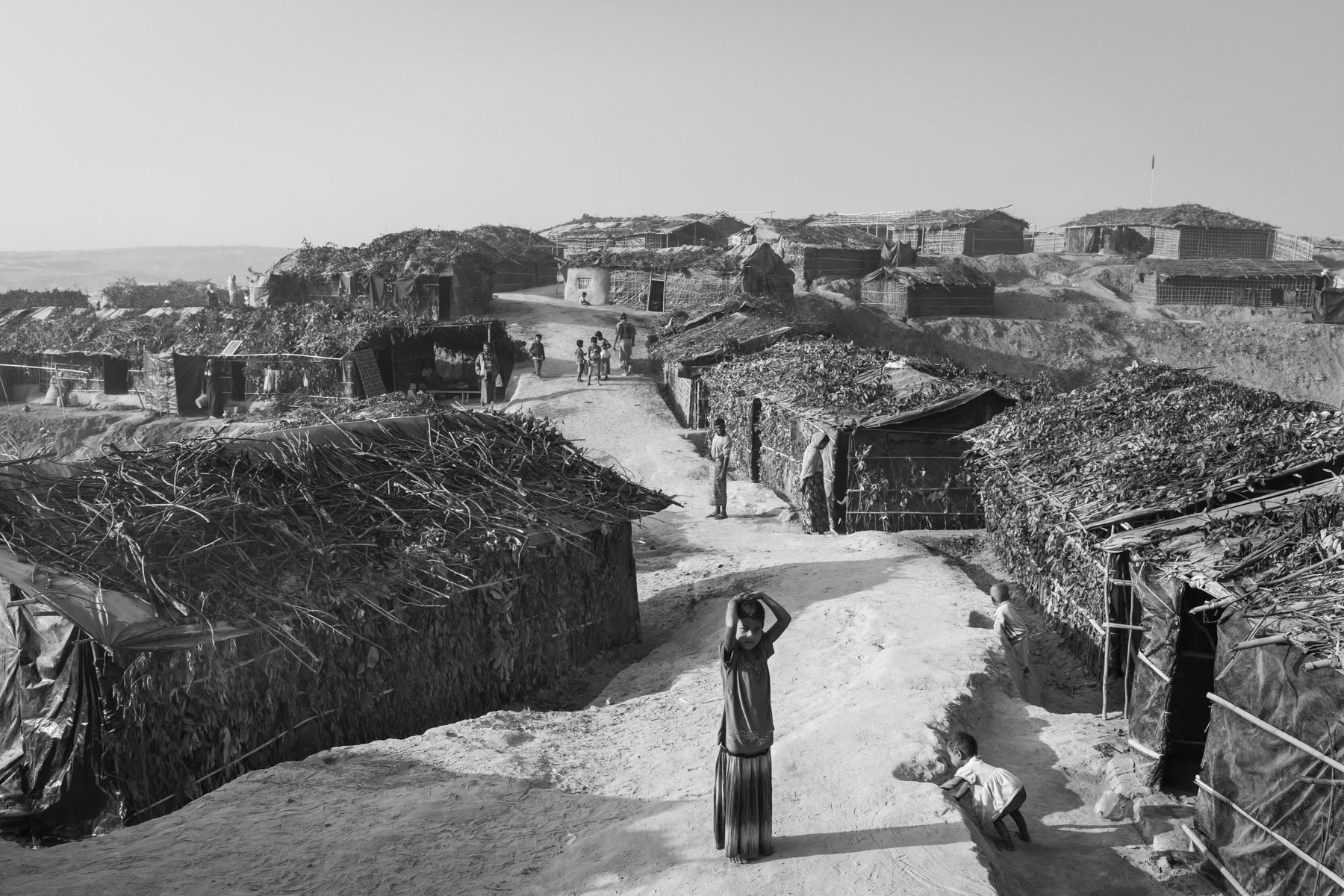 New makeshift construction for the new wave of Rohingya refugees arriving In Bangladesh. Nearly 100,000 persecuted refugees have arrived from Maungdaw township in Myanmar since October 2016. New extension of Kutupalong refugee camp, Cox's Bazar, Bangladesh, February 2017