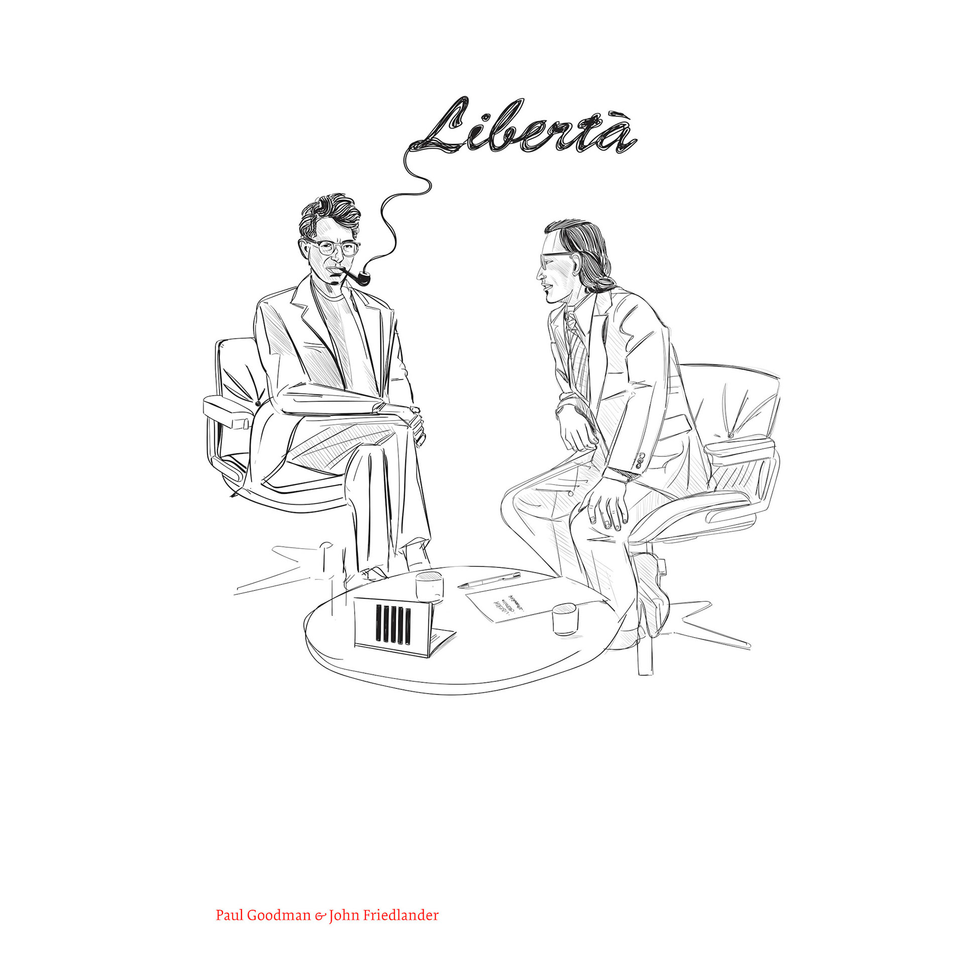 #1911A Paul Goodman & John Friedlander (Filippo Trasatti, Dialoghi immaginari su anarchia e libertà, Disegno per studio di copertina, Eleuthera, Milan 2024)