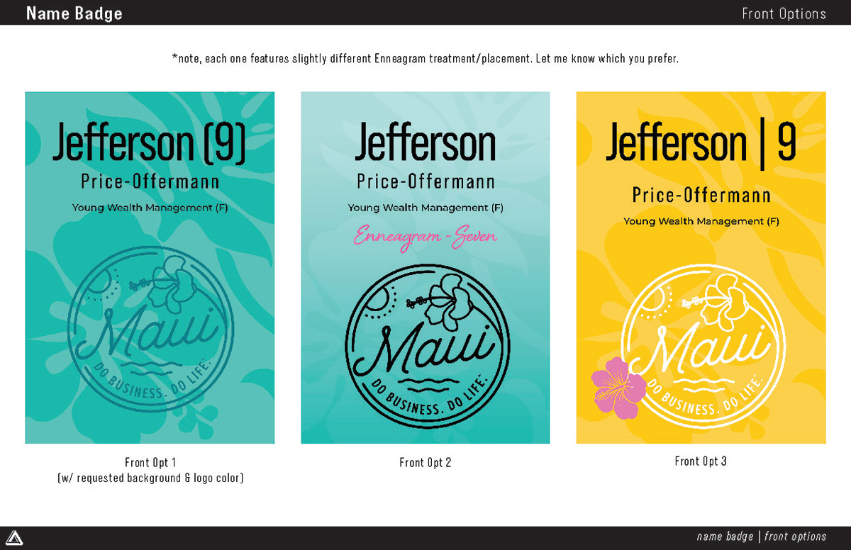 Iterations of different conference name badges (fronts)