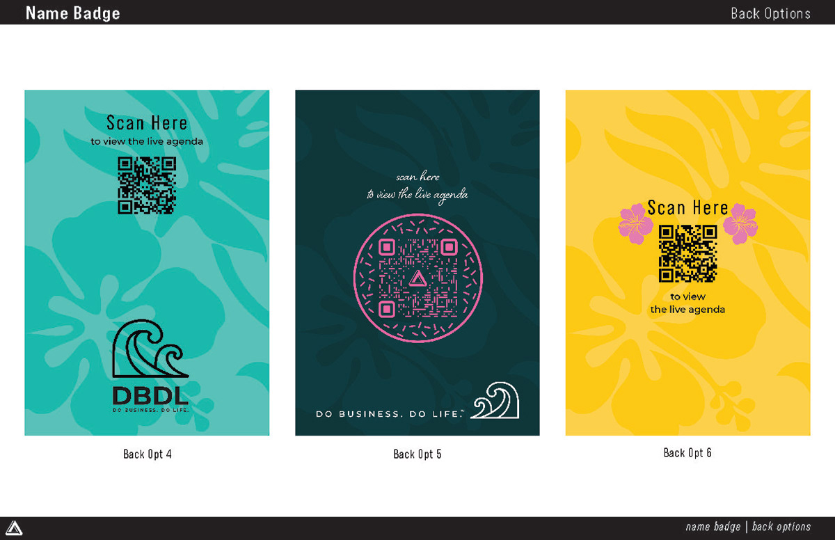 Iterations of different conference name badges (backs)