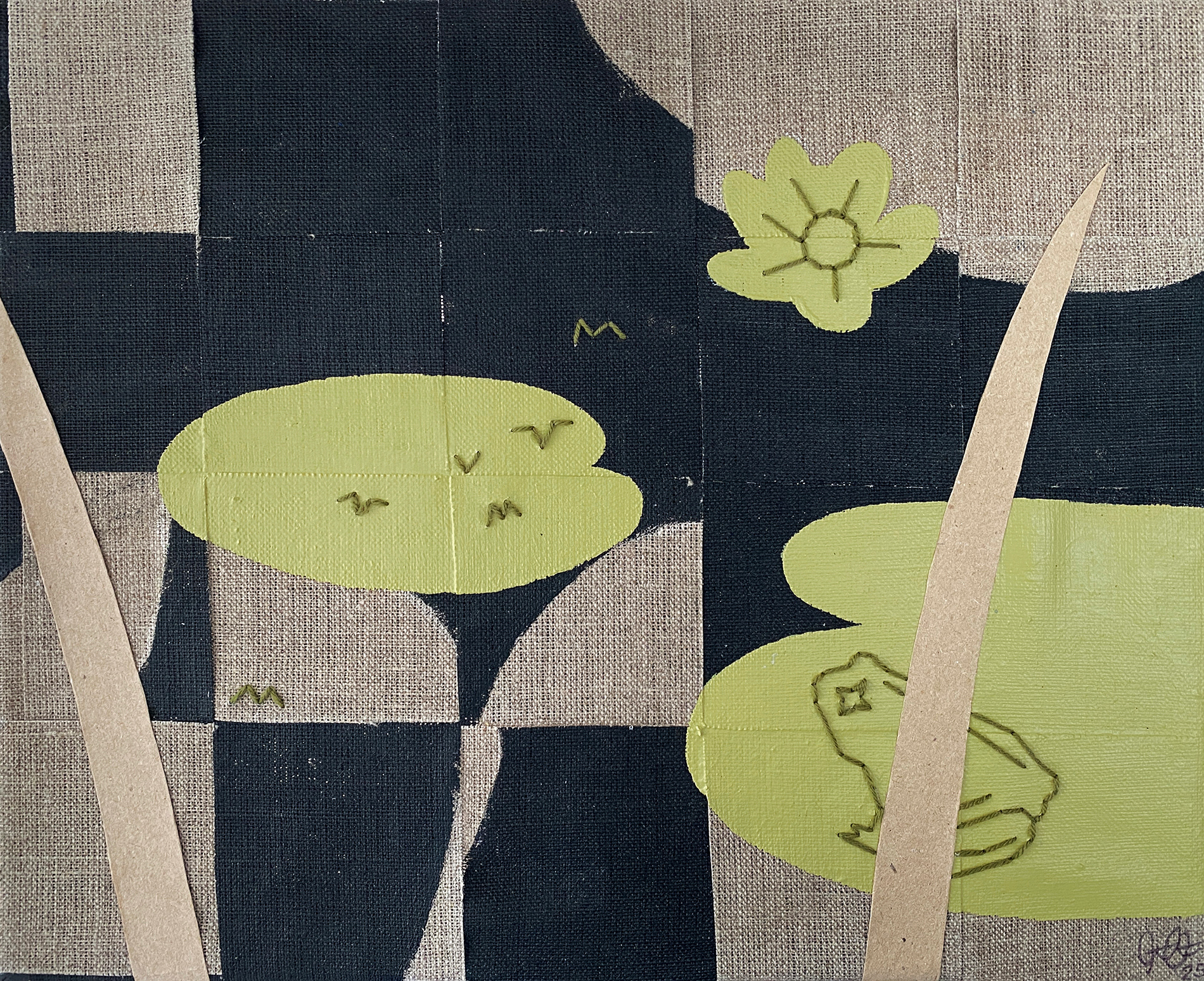 MAYBE HE'LL RECITE IT FOR YOU linen, acrylics, paper & yarn 2025, 25 x 30 cm