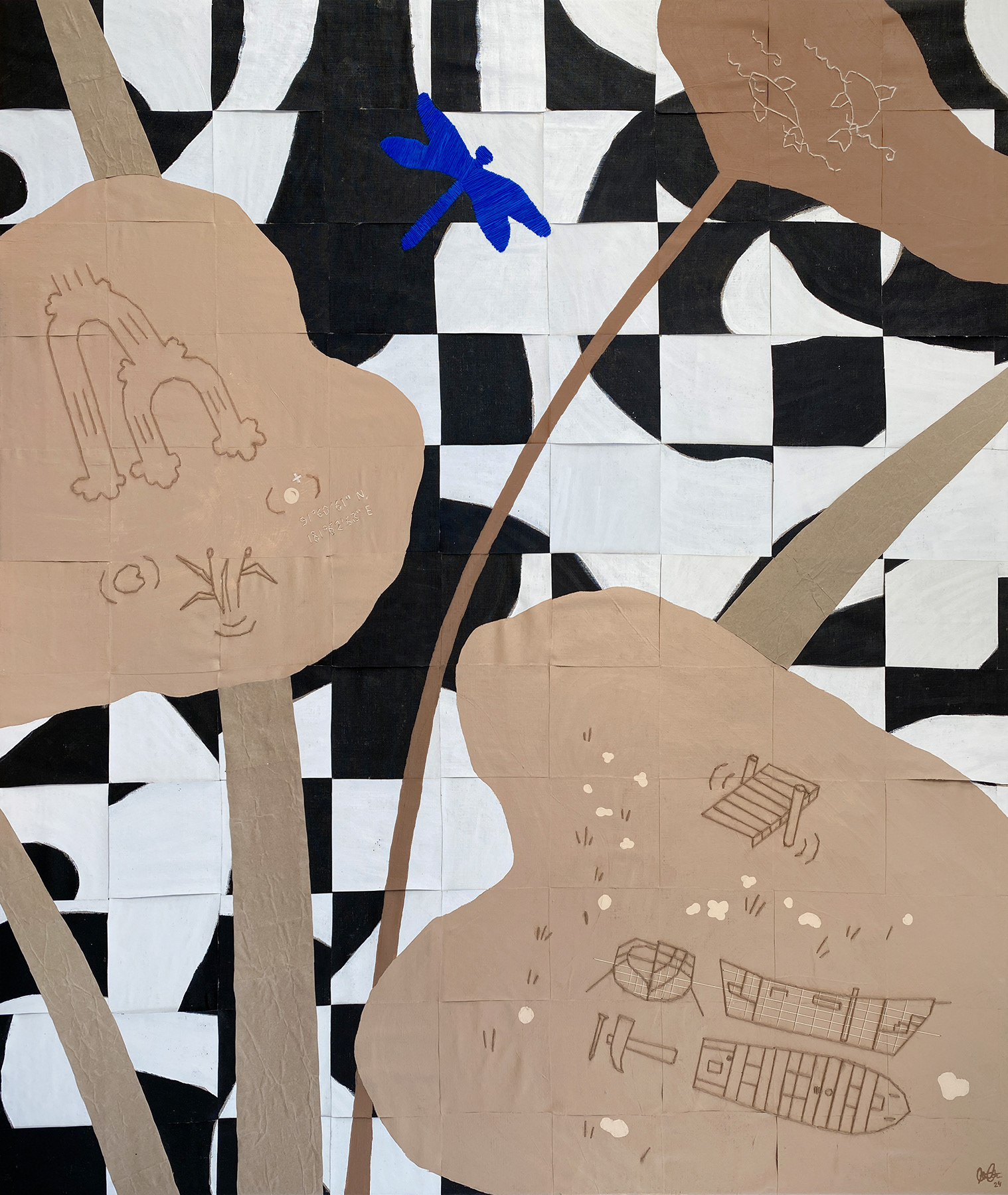 MOON AND A FORTNIGHT linen, acrylics, paper & yarn 2024, 140 x 120 cm