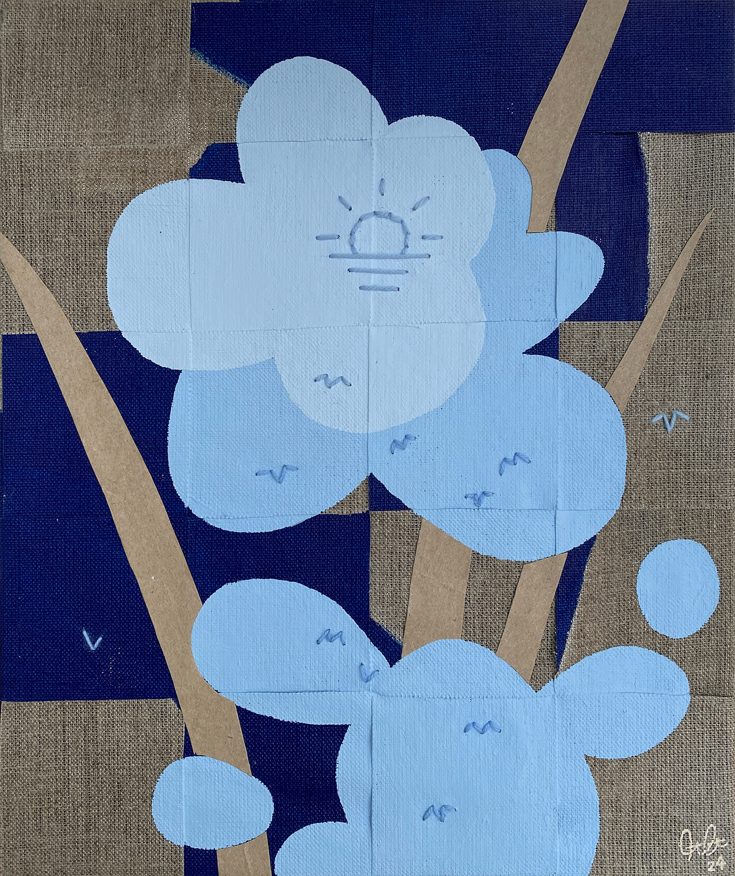 EVENING FLIGHT linen, acrylics, paper & yarn 2024, 30 x 25 cm