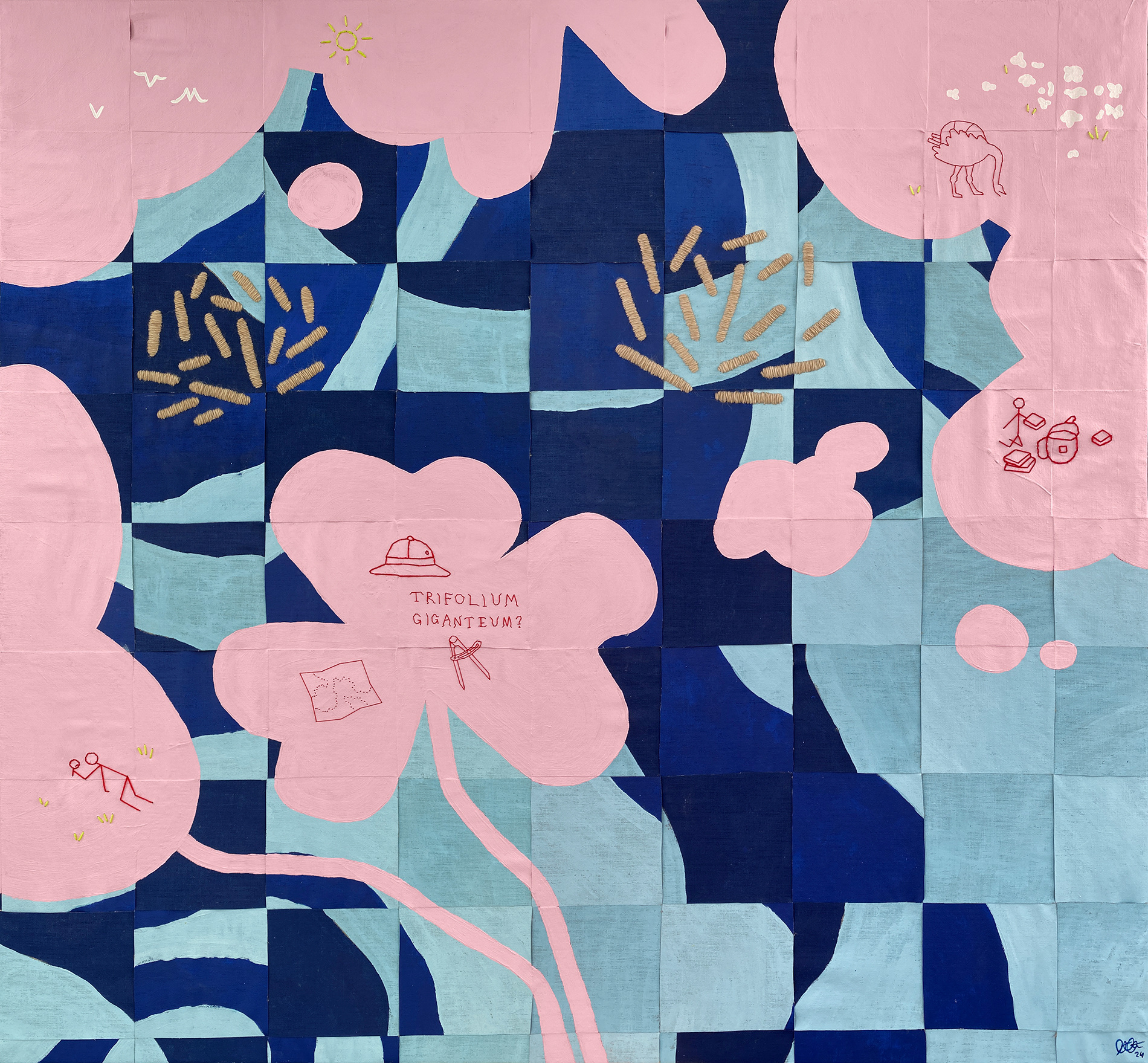 IS THAT REALLY TRIFOLIUM GIGANTEUM? linen, acrylics & yarn 2024, 125 x 133 cm