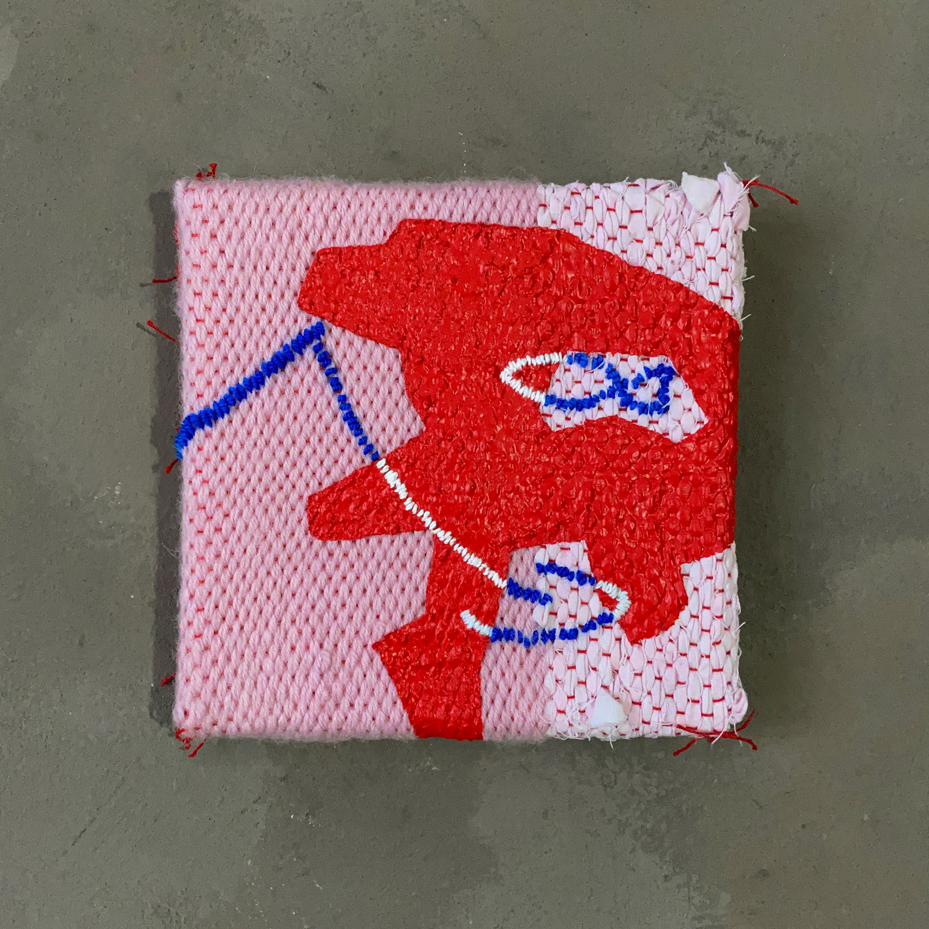 PIKE OF PATIENCE yarn, fabric & acrylics 2024, 15 x 15 cm