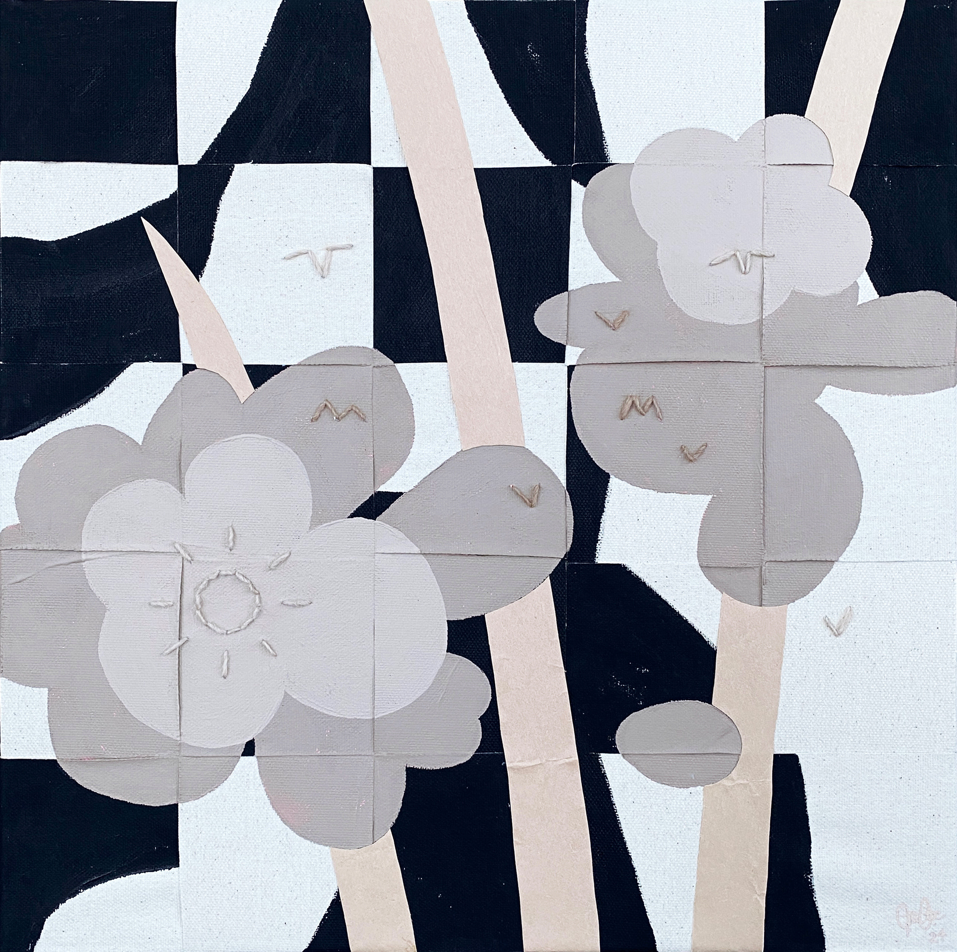 OH TO BE IDLE AT THE COAST canvas, acrylics, paper & yarn 2024, 40 x 40 cm