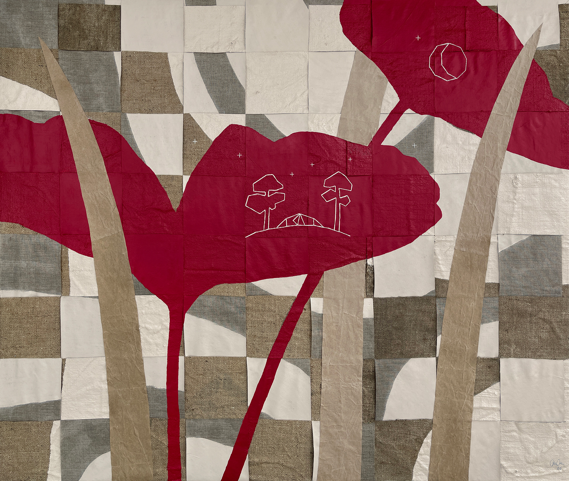 ALMOST DON'T WANNA SLEEP second-hand yute, linen, acrylics, paper & yarn 2026, 120 x 140 cm