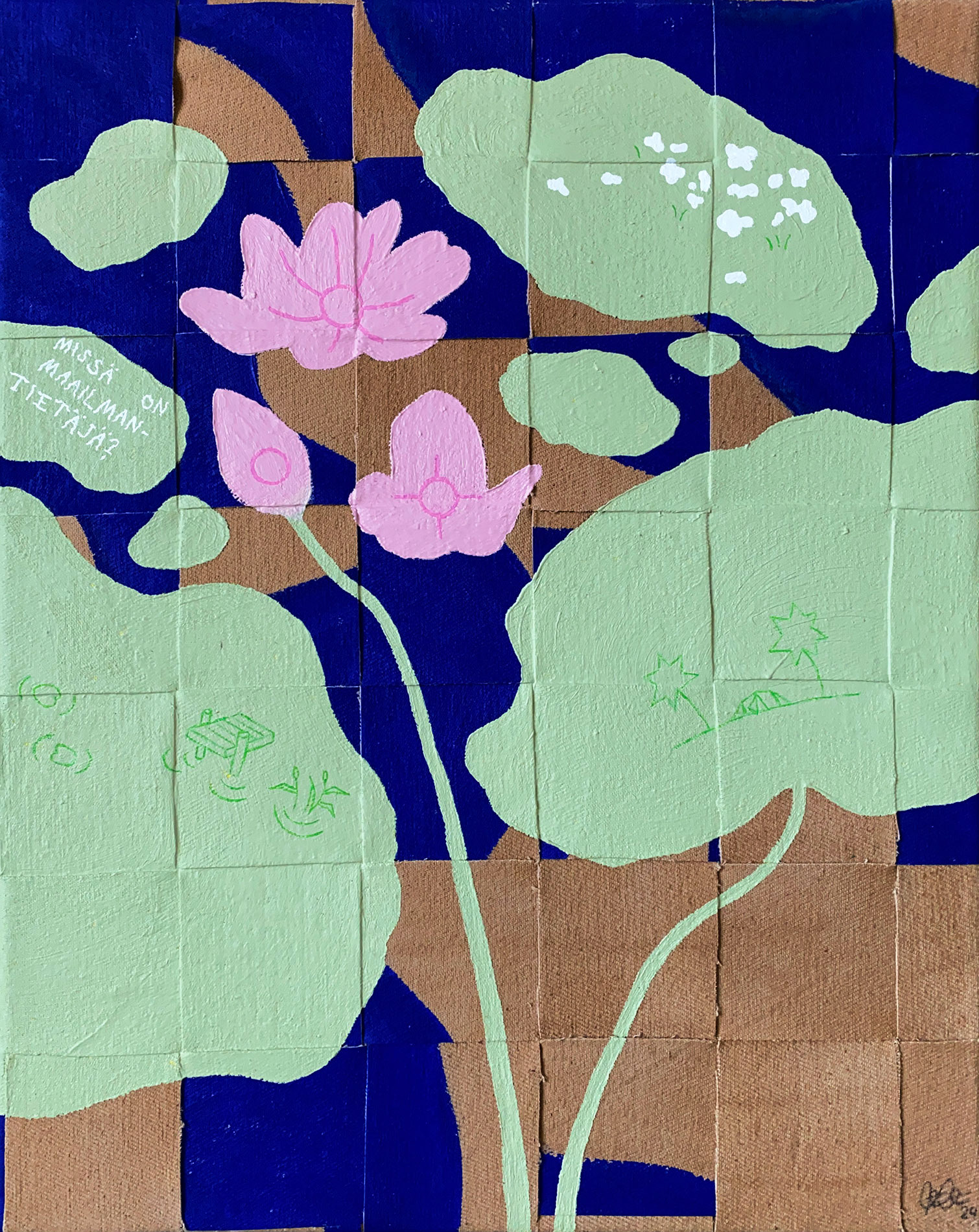 LAND OF THREE SUNS mixed media 2024, 50 x 40 cm [text: where is cosmic scholar?]