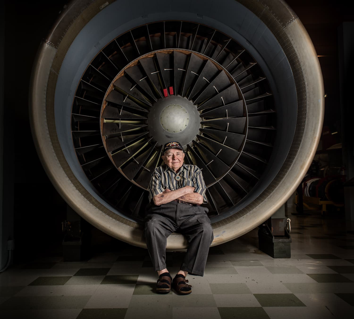 Ret. Lieutenant Colonel John Knebel sitting in C5 galaxy jet engine