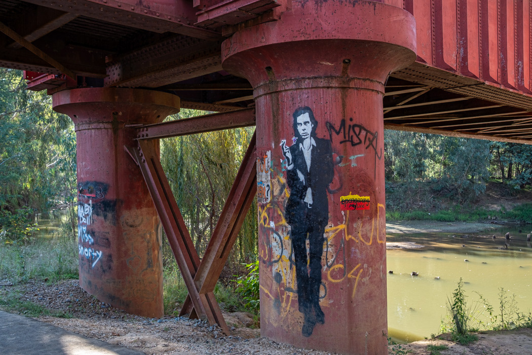 Wangaratta, Victoria, Australia. Nick Cave. Under the nice red Railway Bridge, on the Ovens River.