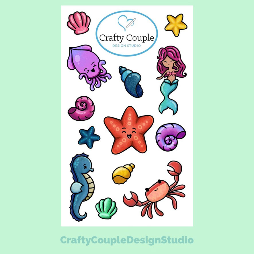 Playful ocean-themed set designed to appeal to families and children. Showcases cohesive illustration style for niche audiences.