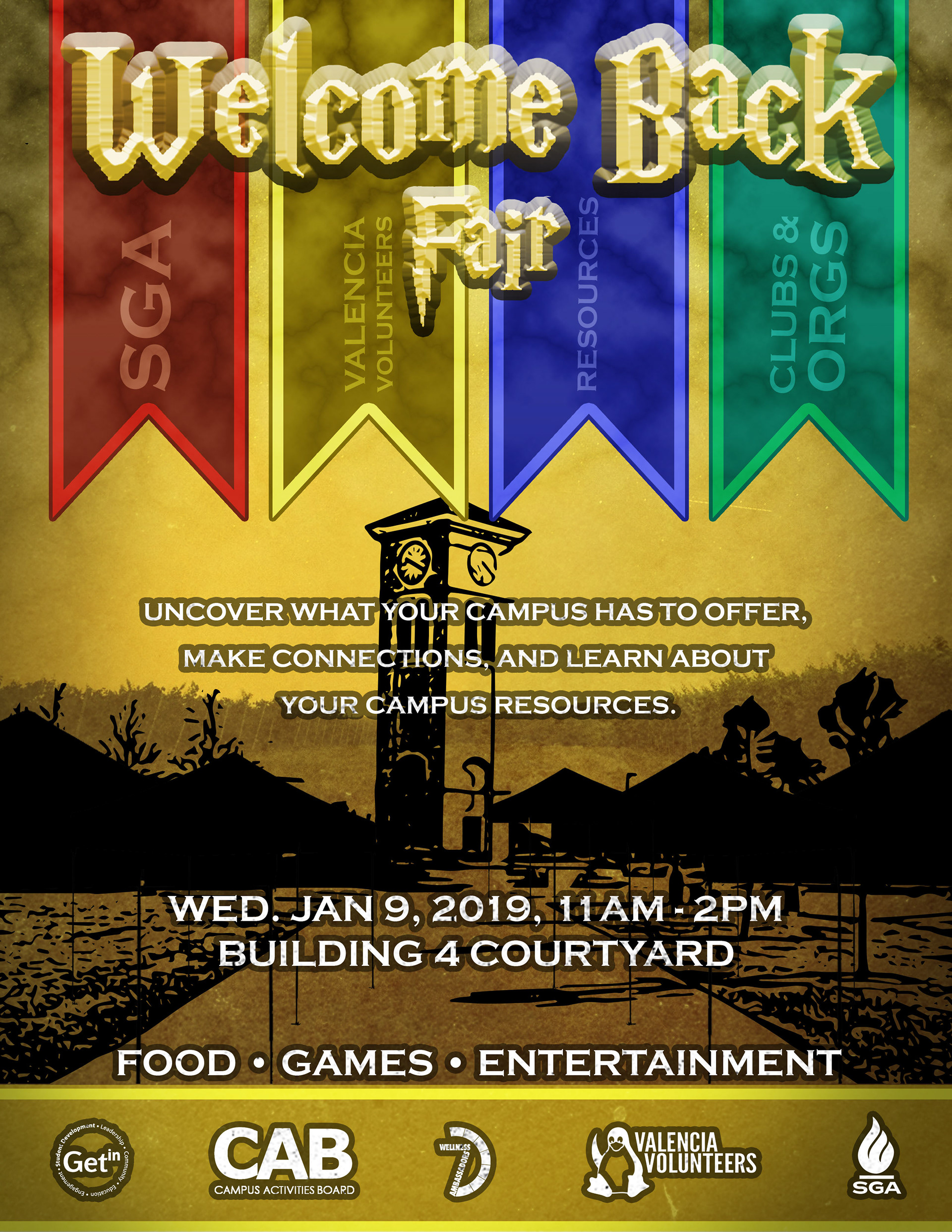 Developed Welcome Back Fair flyer that introduced 500+ students to campus resources.