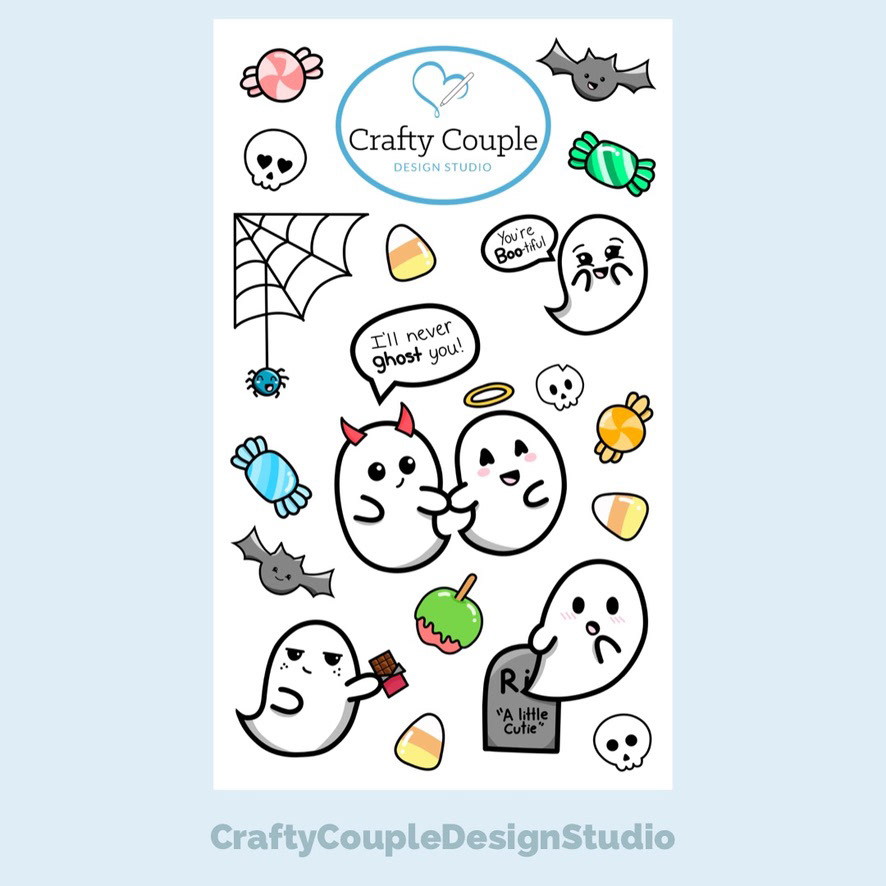 Kawaii-inspired ghosts and candy illustrations. Example of themed collection tied to social media promotions.