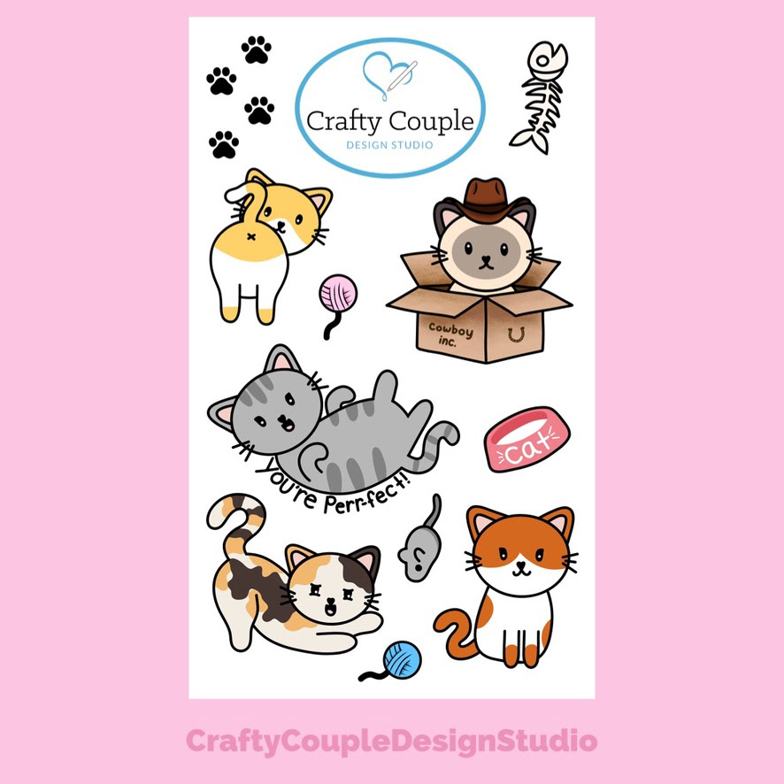Whimsical cat characters featuring custom poses and props. Balanced branding appeal with e-commerce product diversity.