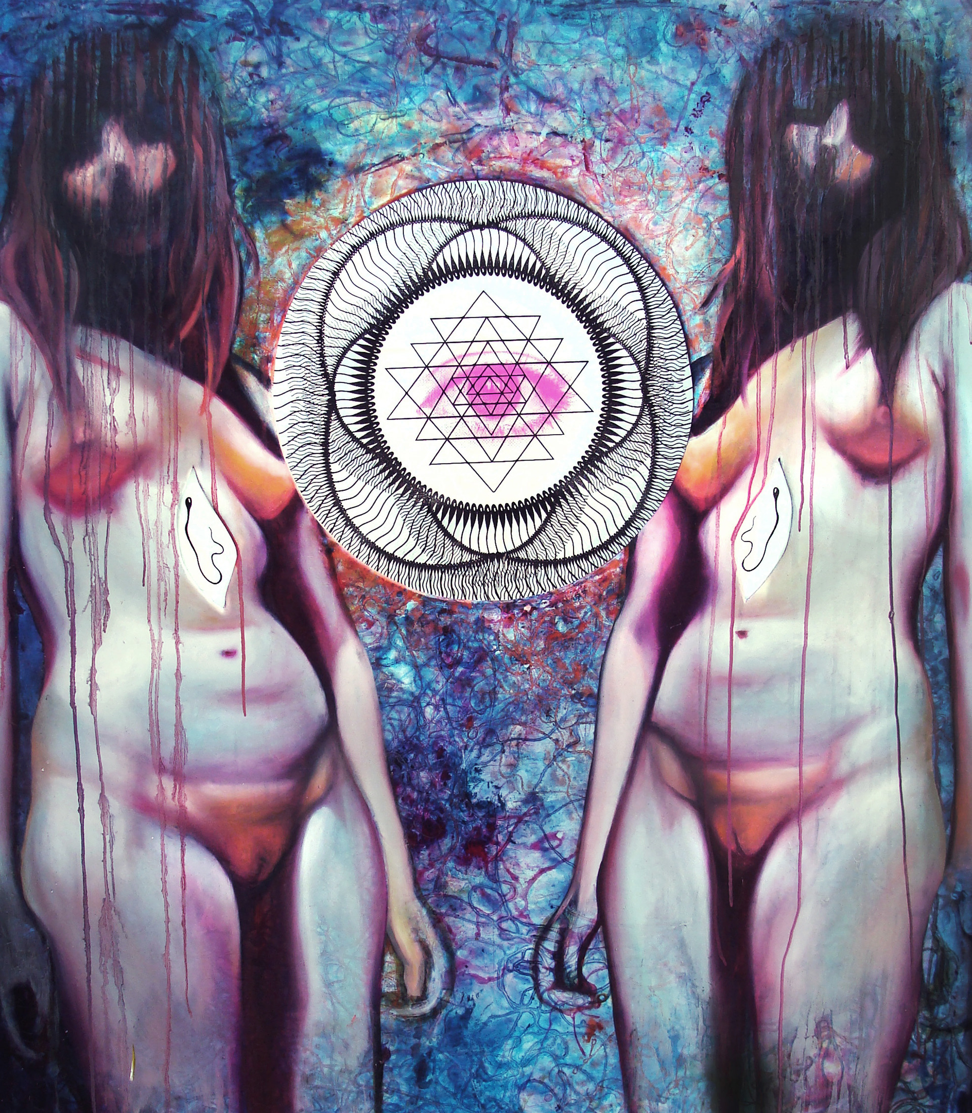 "Genesis Myth" 36"x50"" Oil on panel and screen print on plexiglass