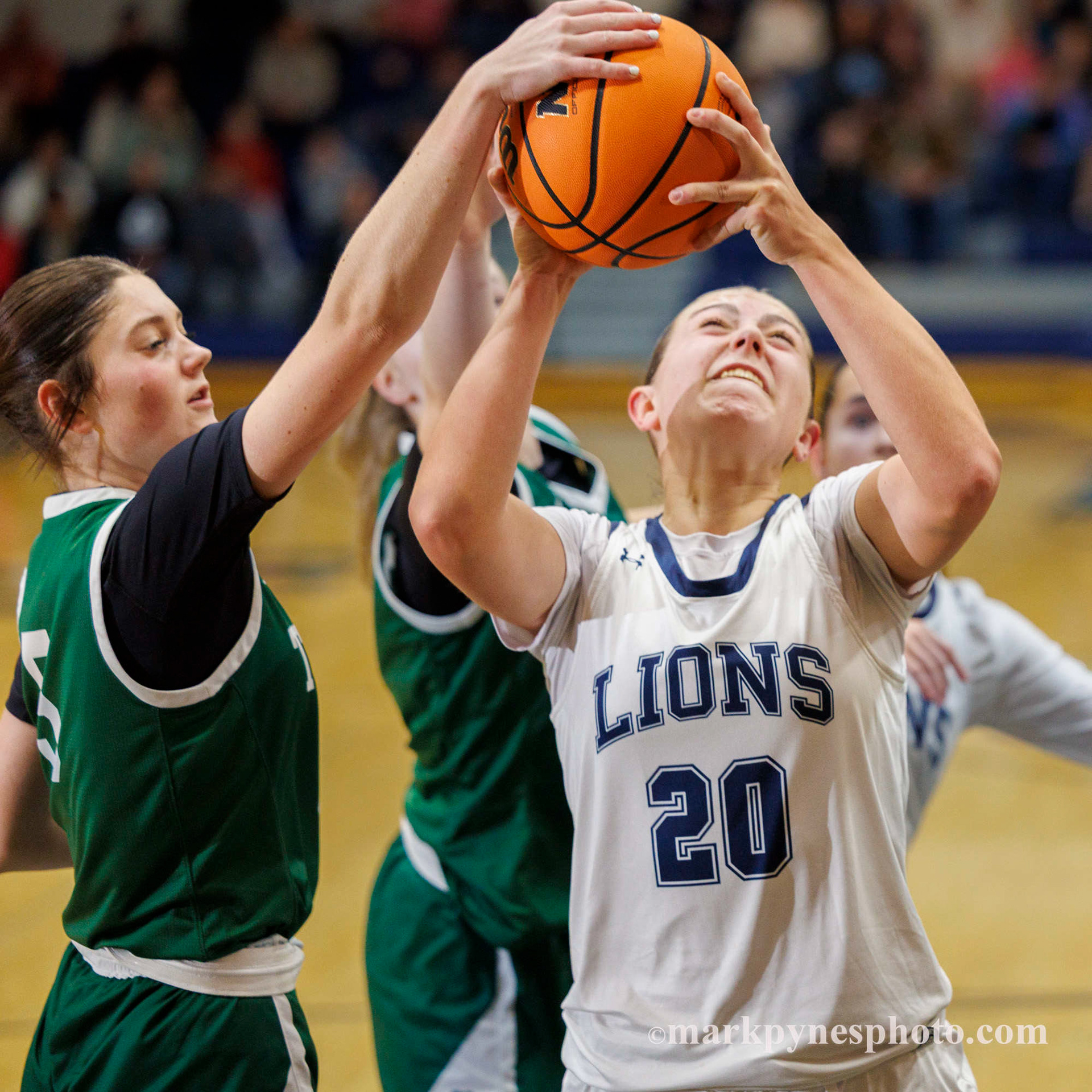 Lindsay Johnson has her shot blocked by Trinity’s Ashley Berkheimer, as Trinity wins, 61-16, in Camp Hill, Pa., Dec. 9, 2025.